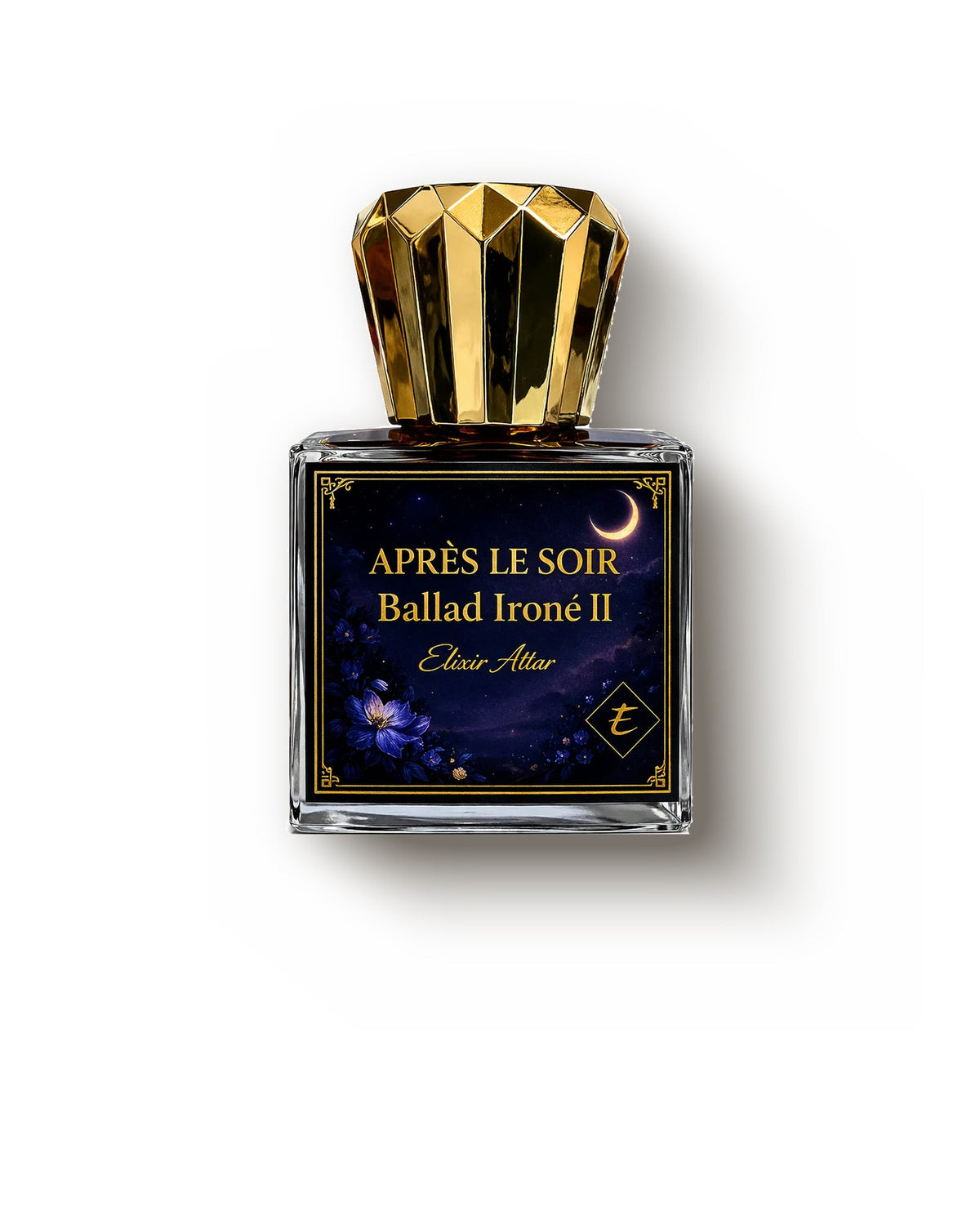 Elixir Attar Ballad Irone II, Après Le Soir, front view: a clear square flacon under a faceted gold crown cap, with a navy label reading Après Le Soir Ballad Ironé II.