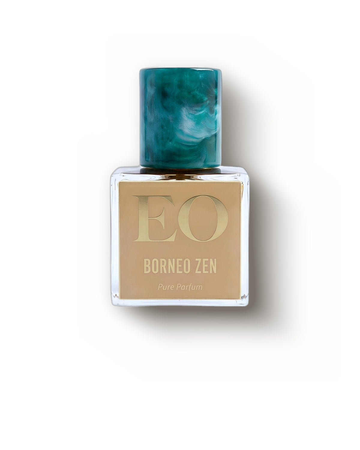 부드러운 크림 배경 위 대리석 무늬 청록색 캡의 각진 보틀 Ensar Oud Borneo Trifecta, 우드 엑스트레 드 파르푸 디캔트