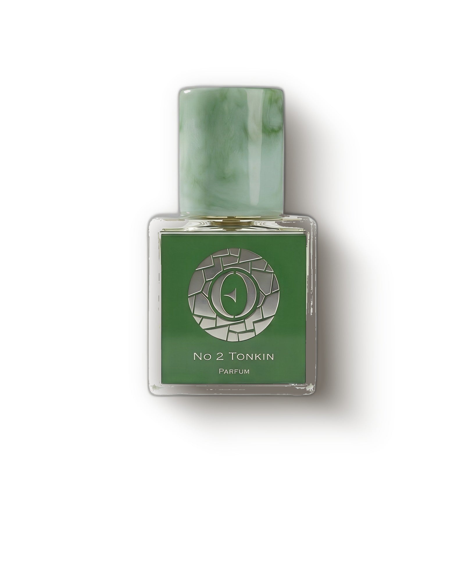 Ensar Oud EO2 Tonkin green flacon with jade cap on soft cream, animalic oud extrait de parfum decant