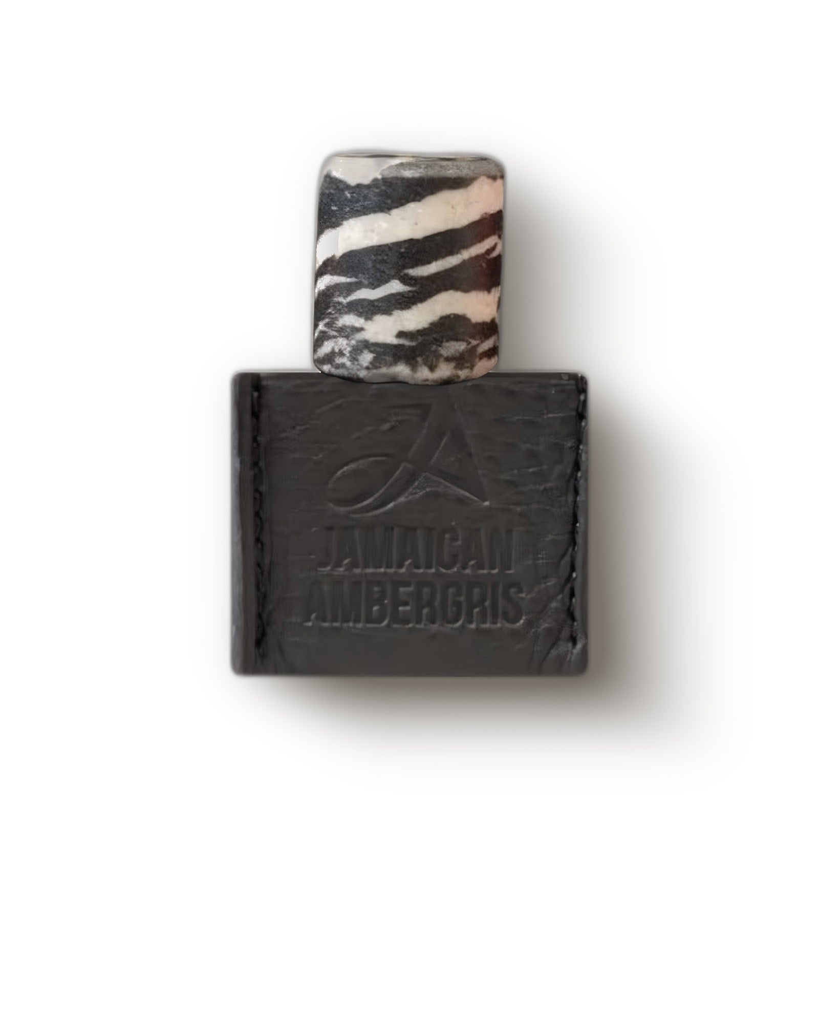 Ensar Oud Jamaican Ambergris Purple Sultani black leather flacon with embossed logo on cream, woody oud extrait decant