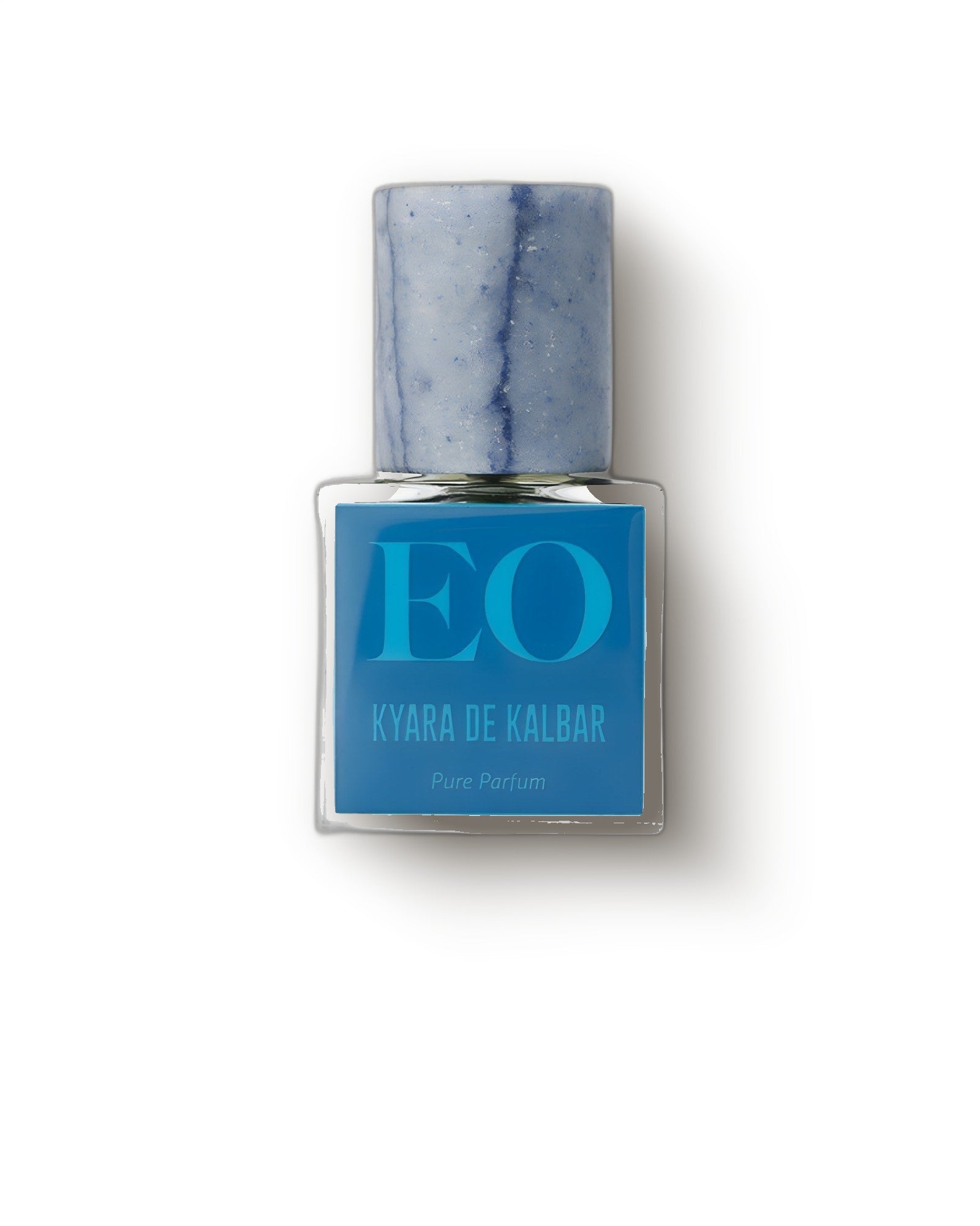Ensar Oud Kyara de Kalbar blue bottle with marbled stone cap on pale grey, oud extrait de parfum decant