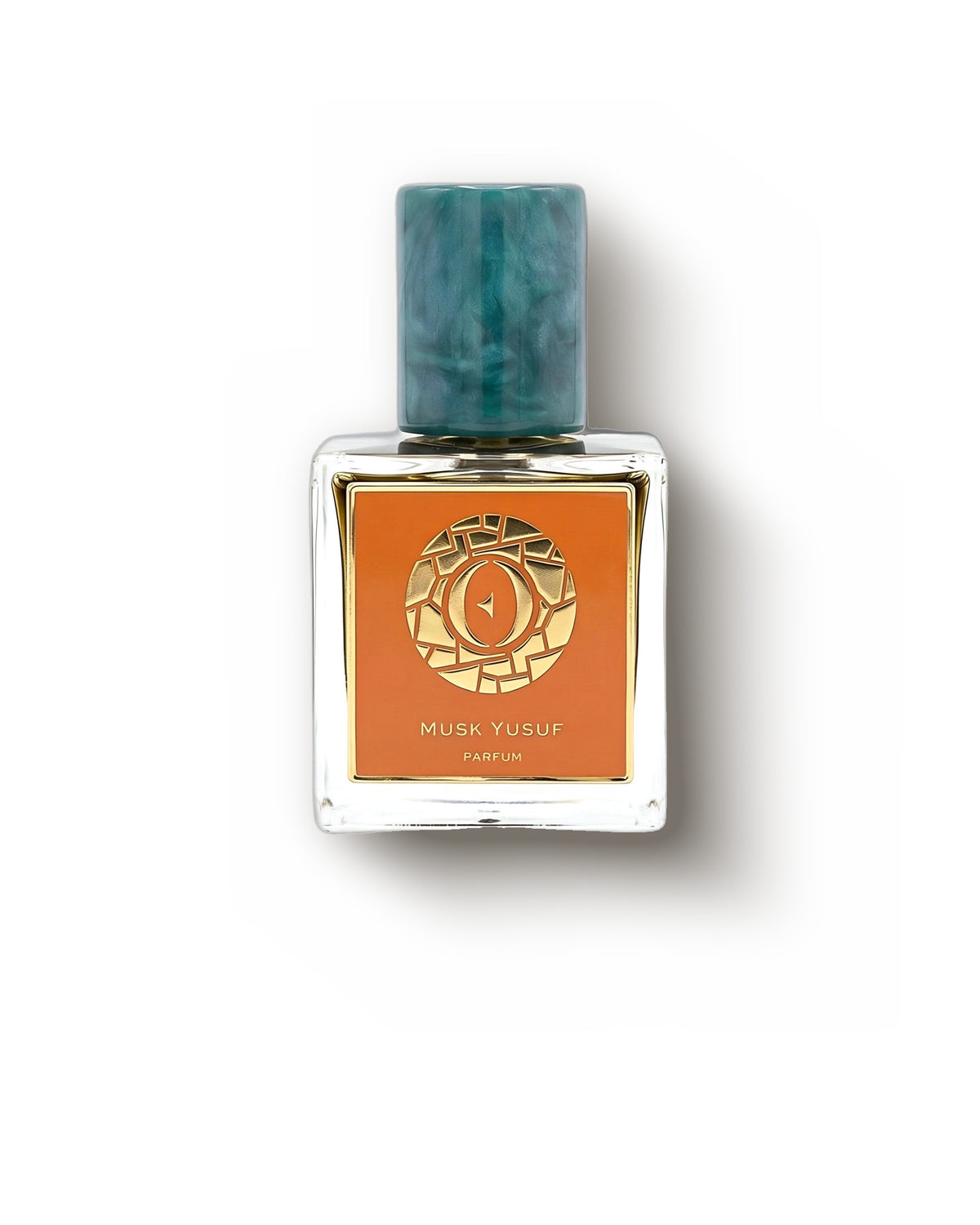 Ensar Oud Musk Yusuf 부드러운 크림 배경 위 청록색 대리석 무늬 캡의 사각 보틀, 머스크 우드 엑스트레 드 파르푸 디캔트