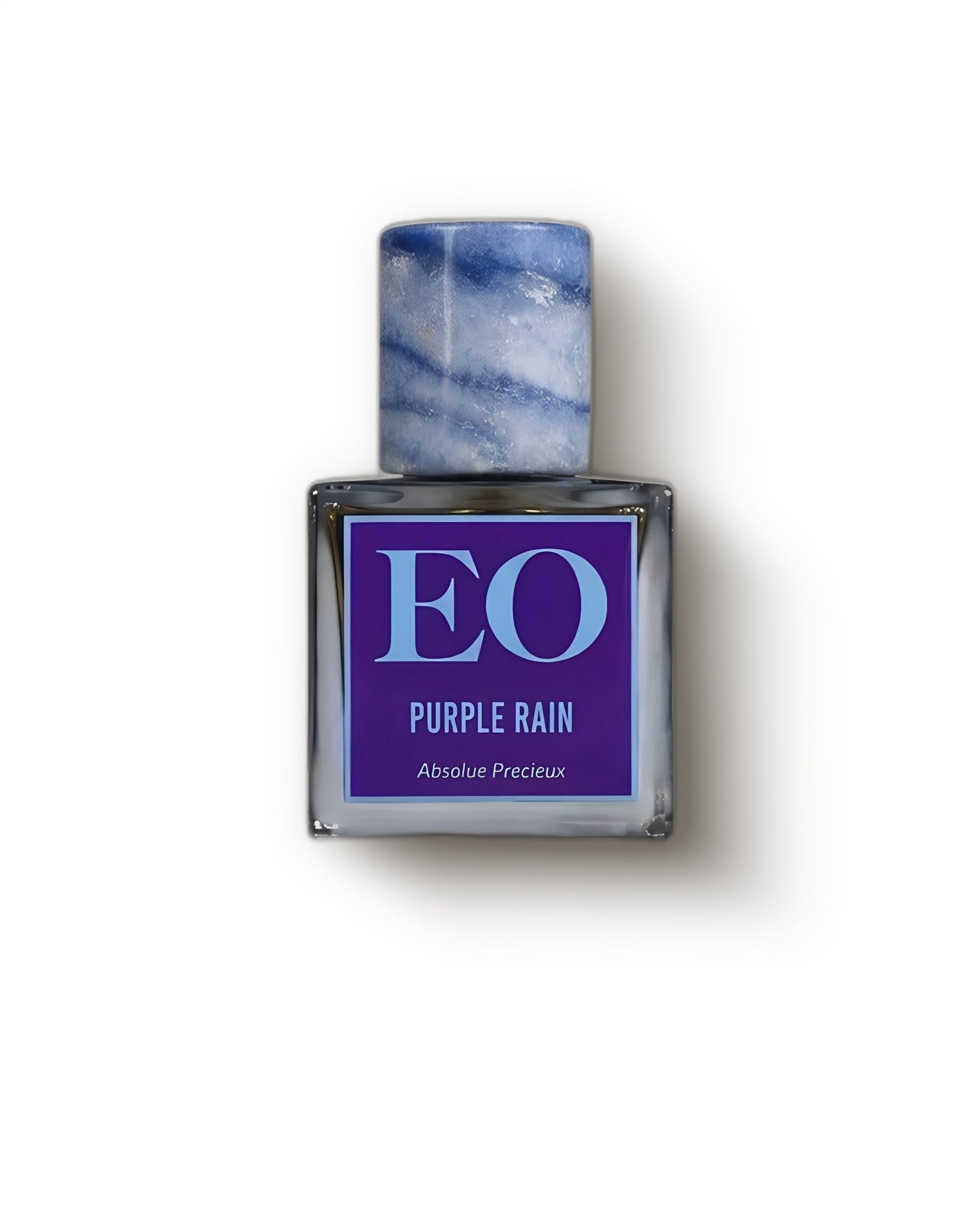 Ensar Oud Purple Rain Uberblau square bottle with blue stone cap on cream, fruity oud extrait decant