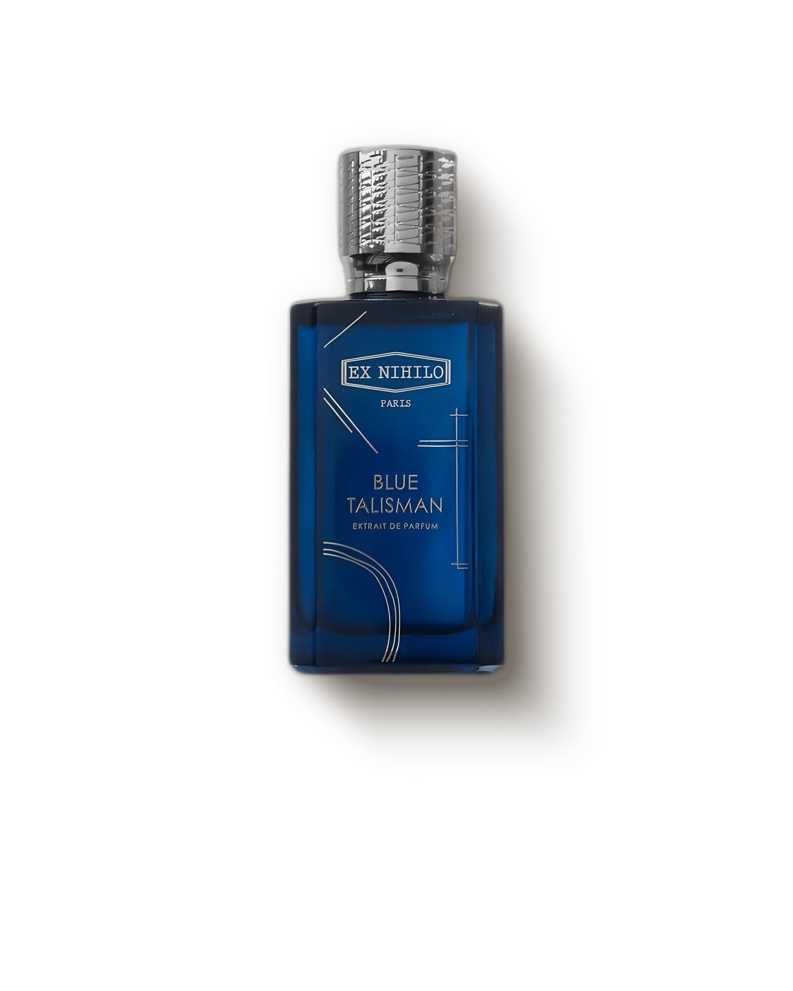 Ex Nihilo Blue Talisman deep blue bottle with silver cap on pale grey, amber woody extrait de parfum decant