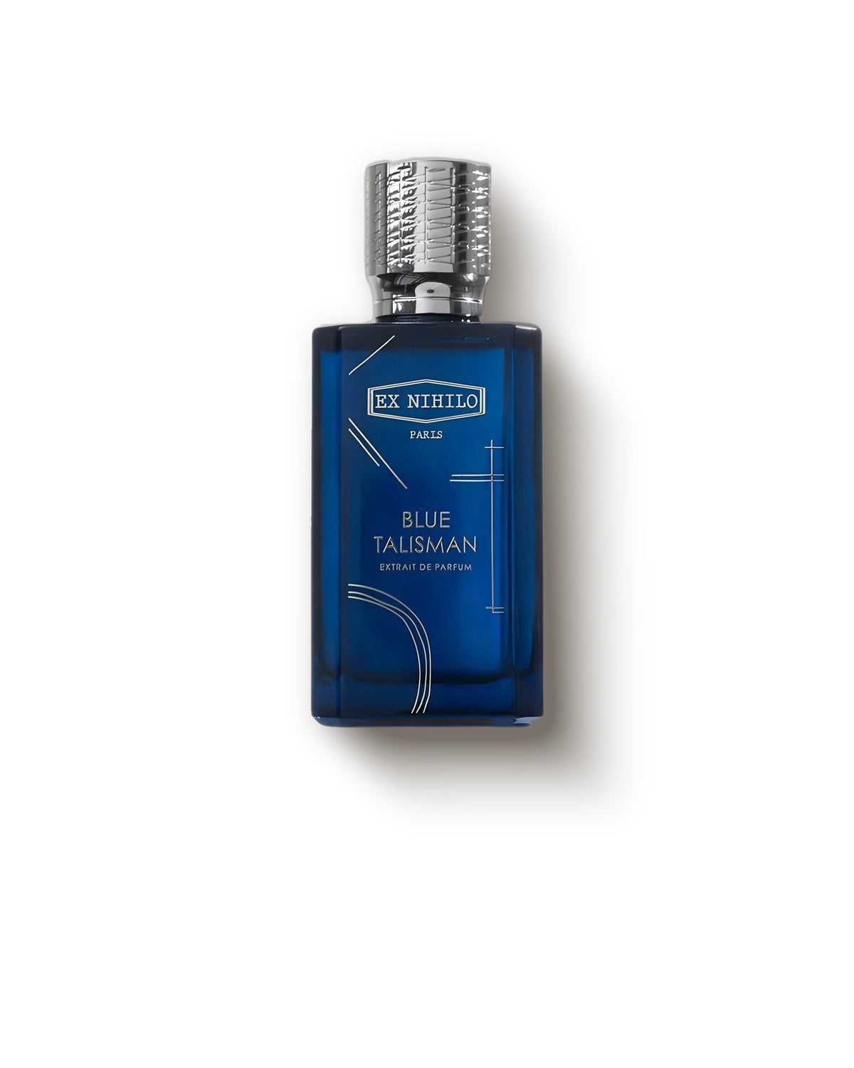 Ex Nihilo Blue Talisman botol biru pekat bertutup perak di atas abu muda, decant extrait de parfum amber kayu