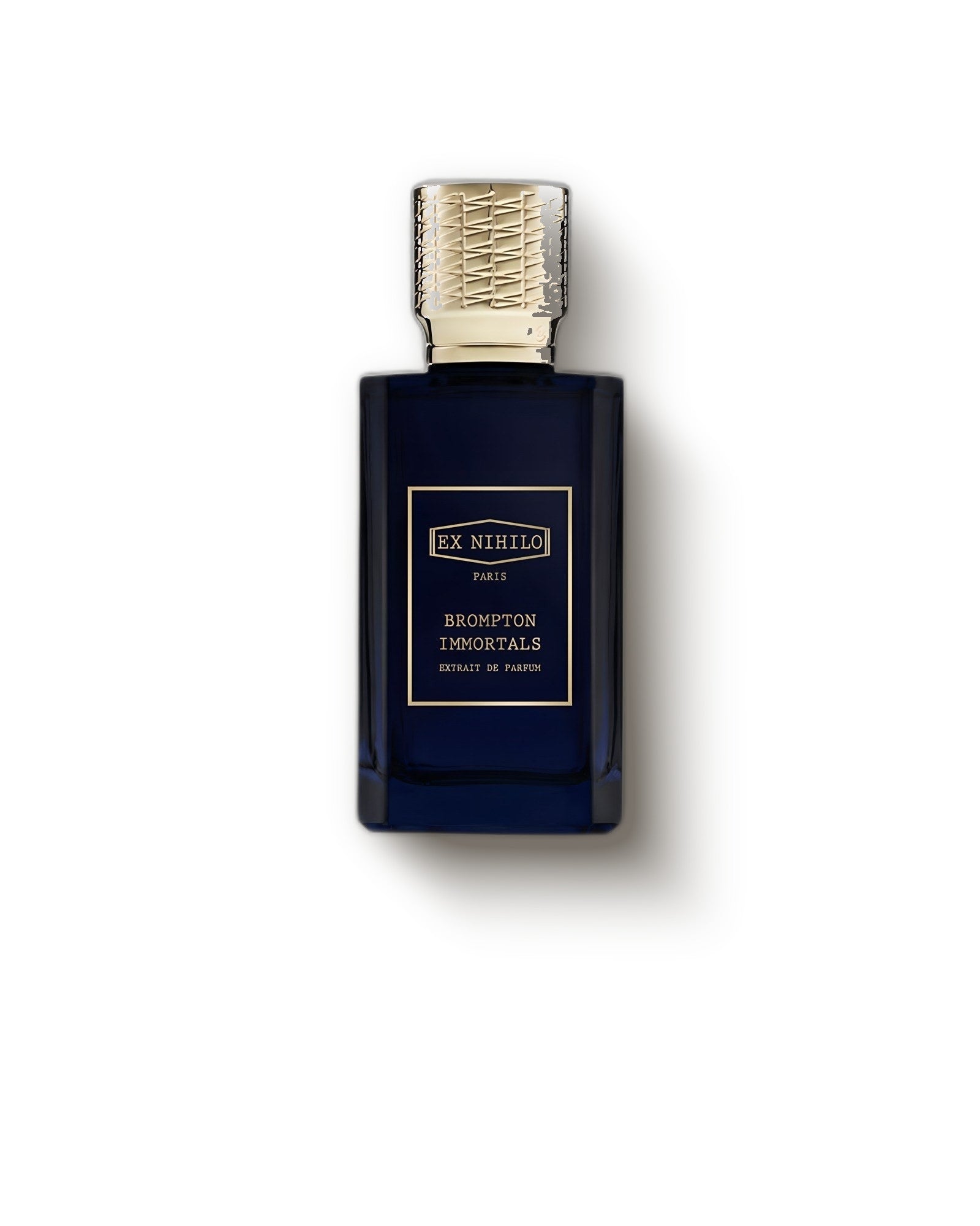 Ex Nihilo Brompton Immortals deep blue bottle with gold cap on cream, floral incense extrait de parfum