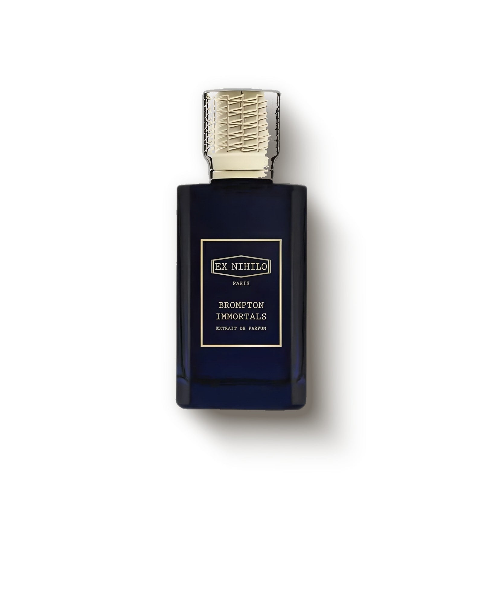 Ex Nihilo Brompton Immortals navy bottle with gold cap on cream, spicy rose niche perfume decant