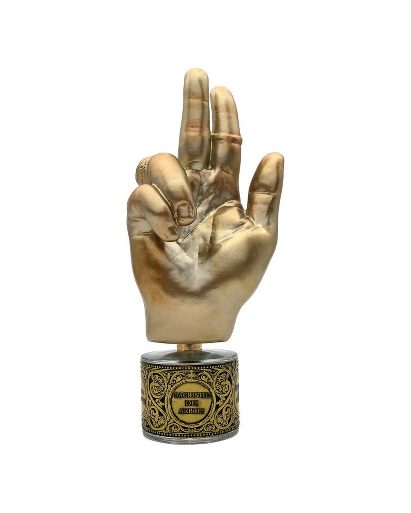 The gilded blessing-hand stopper of Sacristie Des Arbres seen from a second angle above its chased gilt band, on plain white.