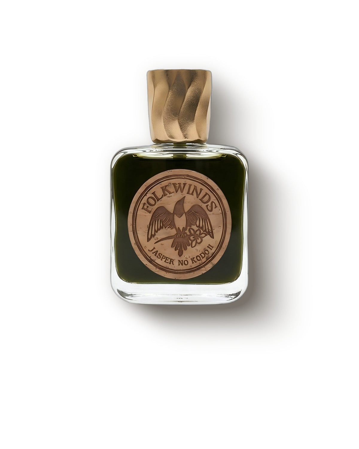 Folkwinds Jasper No Kodo 2 dark green flacon with wooden crest cap on cream, woody oud extrait decant