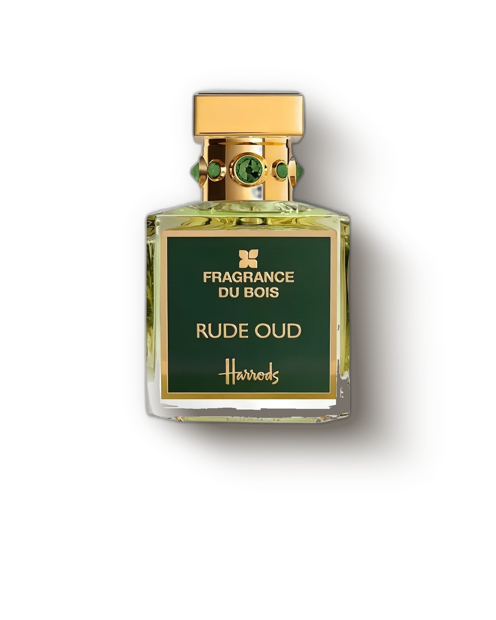 Fragrance Du Bois Rude Oud gold-capped emerald-label flacon on pale studio backdrop, oud extrait de parfum decant