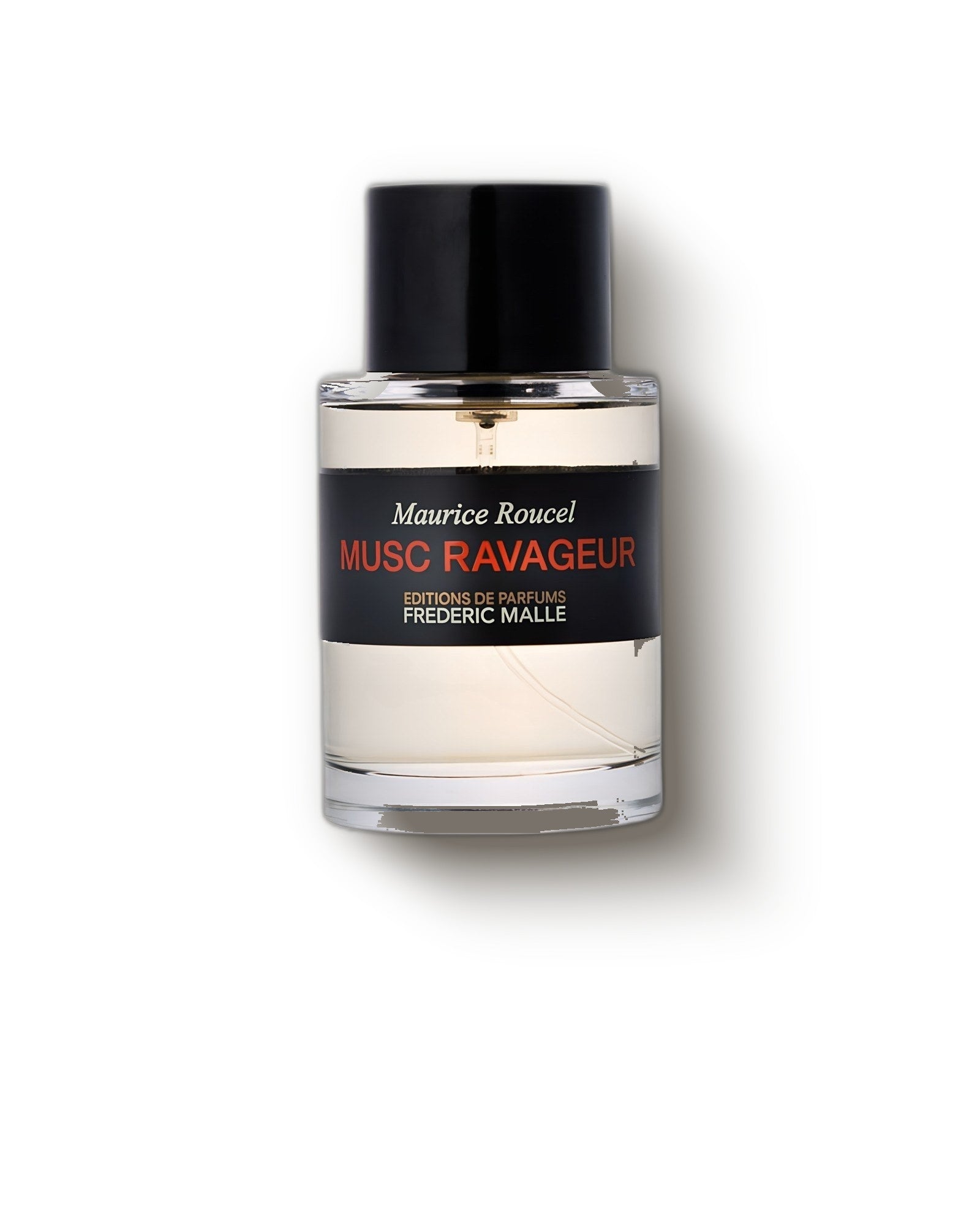 Frédéric Malle Musc Ravageur eau de parfum bottle on a soft grey backdrop, musky niche perfume decant