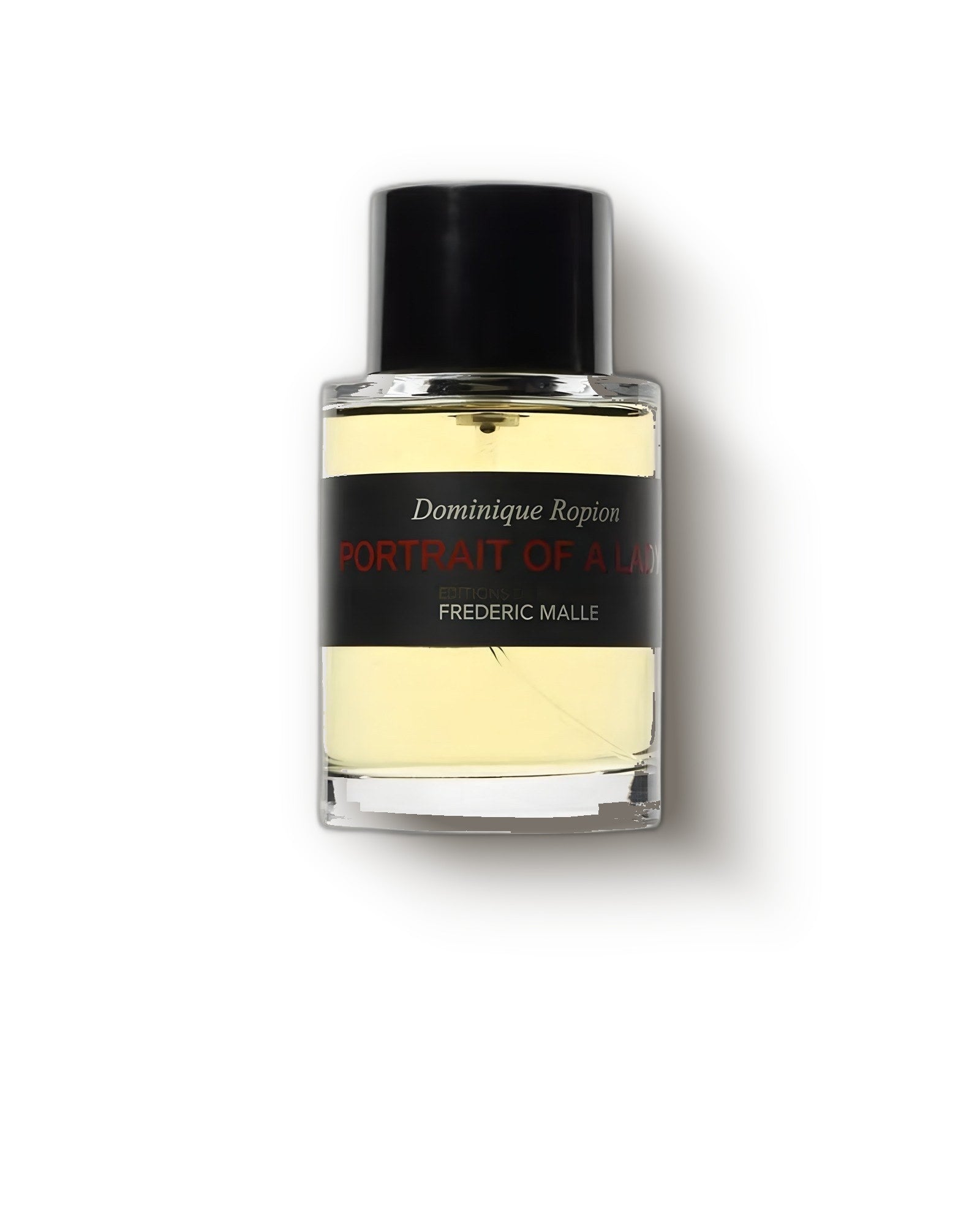 Frédéric Malle Portrait of a Lady clear bottle with black cap on soft grey, rose incense niche perfume decant