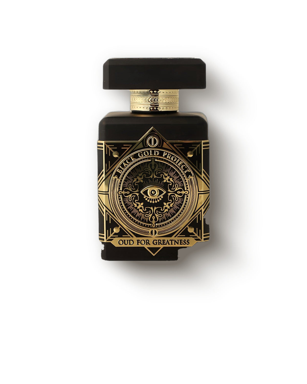 부드러운 크림 배경 위 블랙 앤 골드 Initio Oud for Greatness 보틀, 우디한 우드 extrait de parfum 디캔트