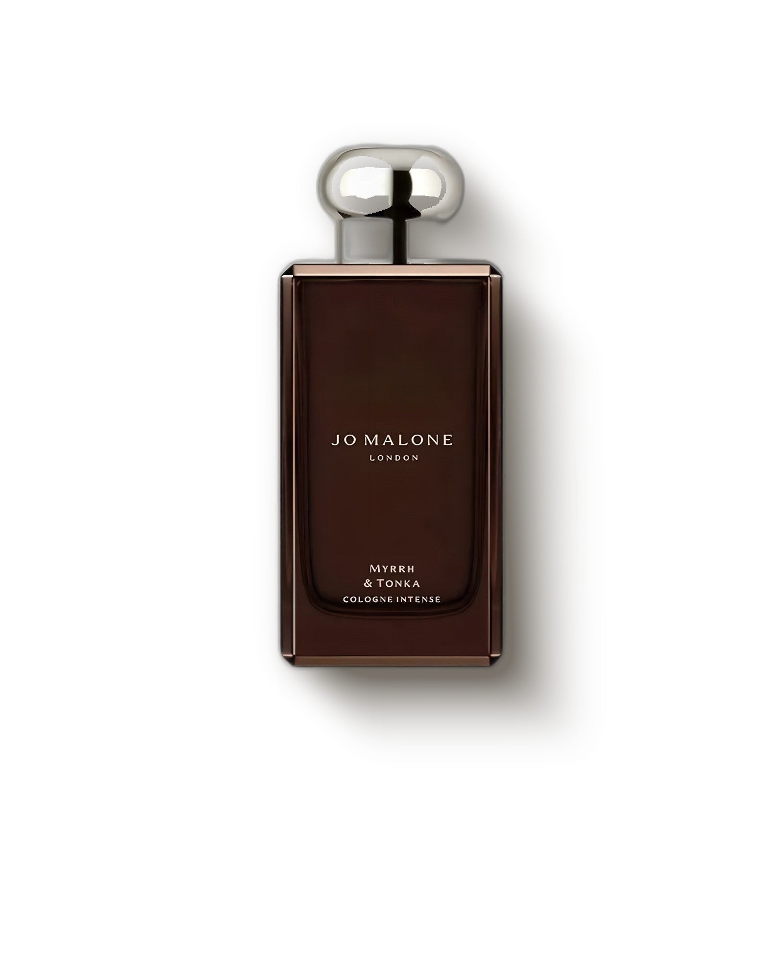 Jo Malone Myrrh & Tonka dark brown glass bottle with silver cap on pale grey, amber gourmand niche perfume decant