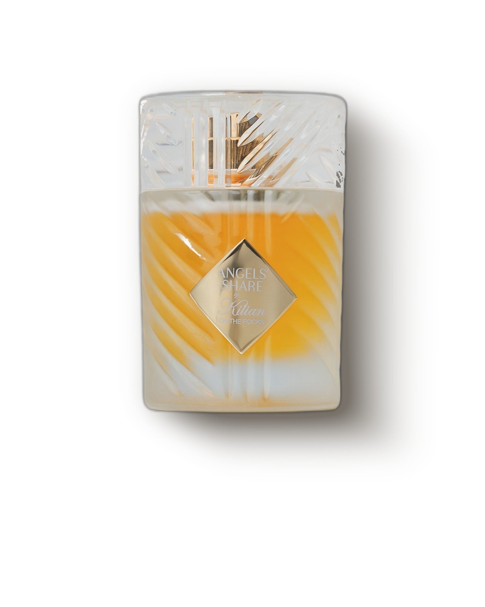Kilian Angels' Share on the Rocks faceted crystal flacon with amber liquid on cream, boozy gourmand fragrance decant