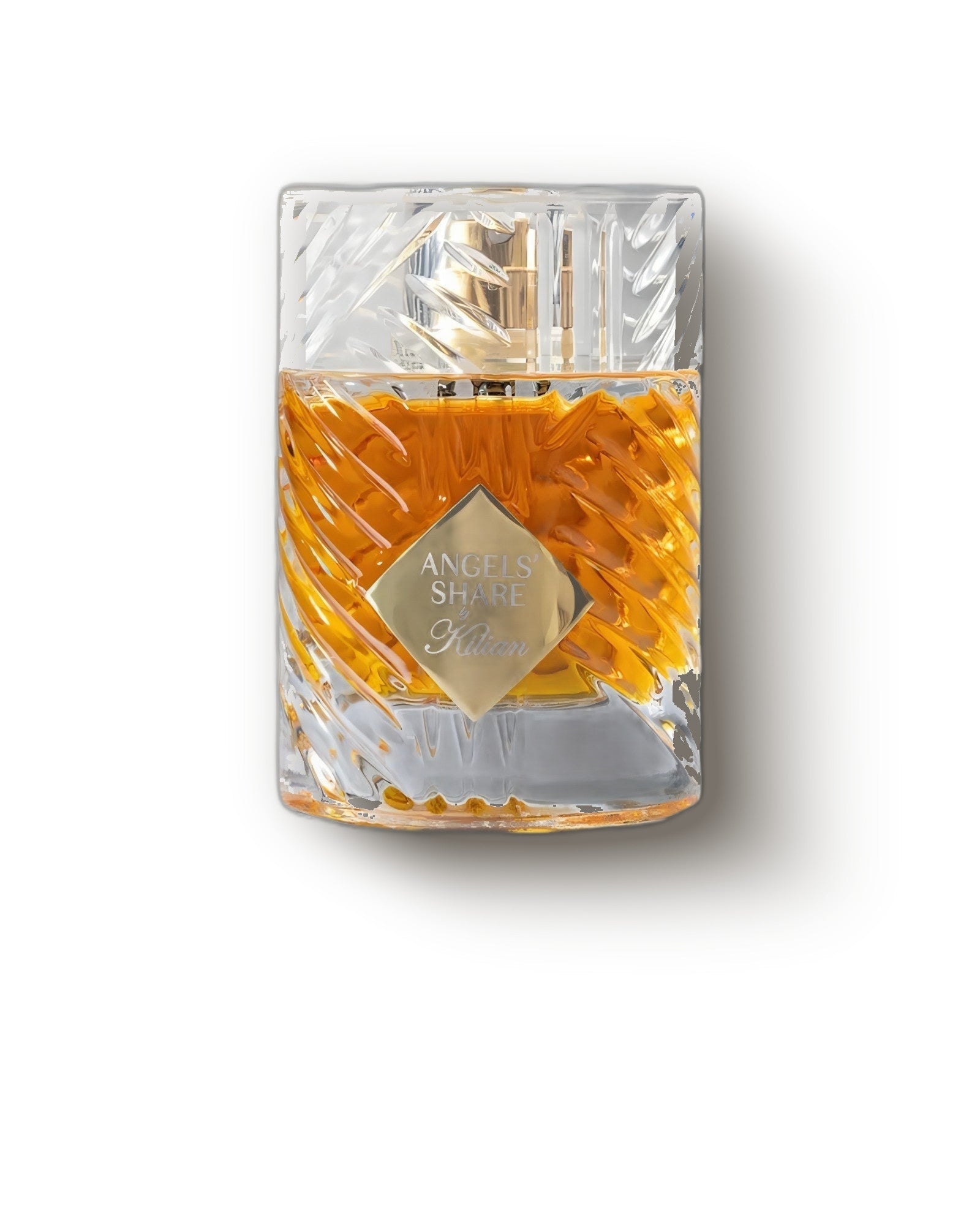 Kilian Paris Angels' Share crystal-cut bottle of amber eau de parfum on soft grey, boozy gourmand fragrance decant