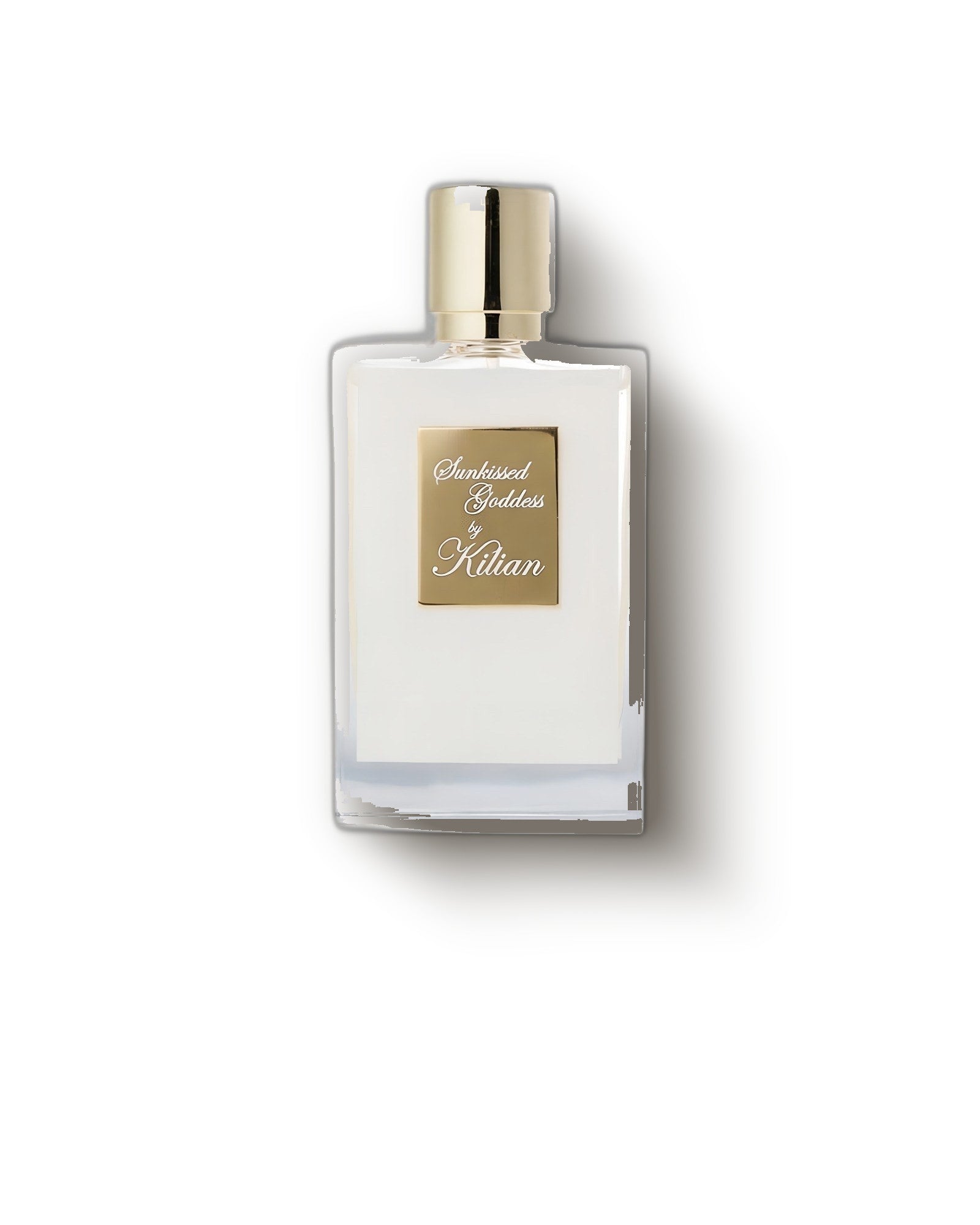 Kilian Paris Sunkissed Goddess white bottle with gold cap on soft cream, tropical floral perfume decant