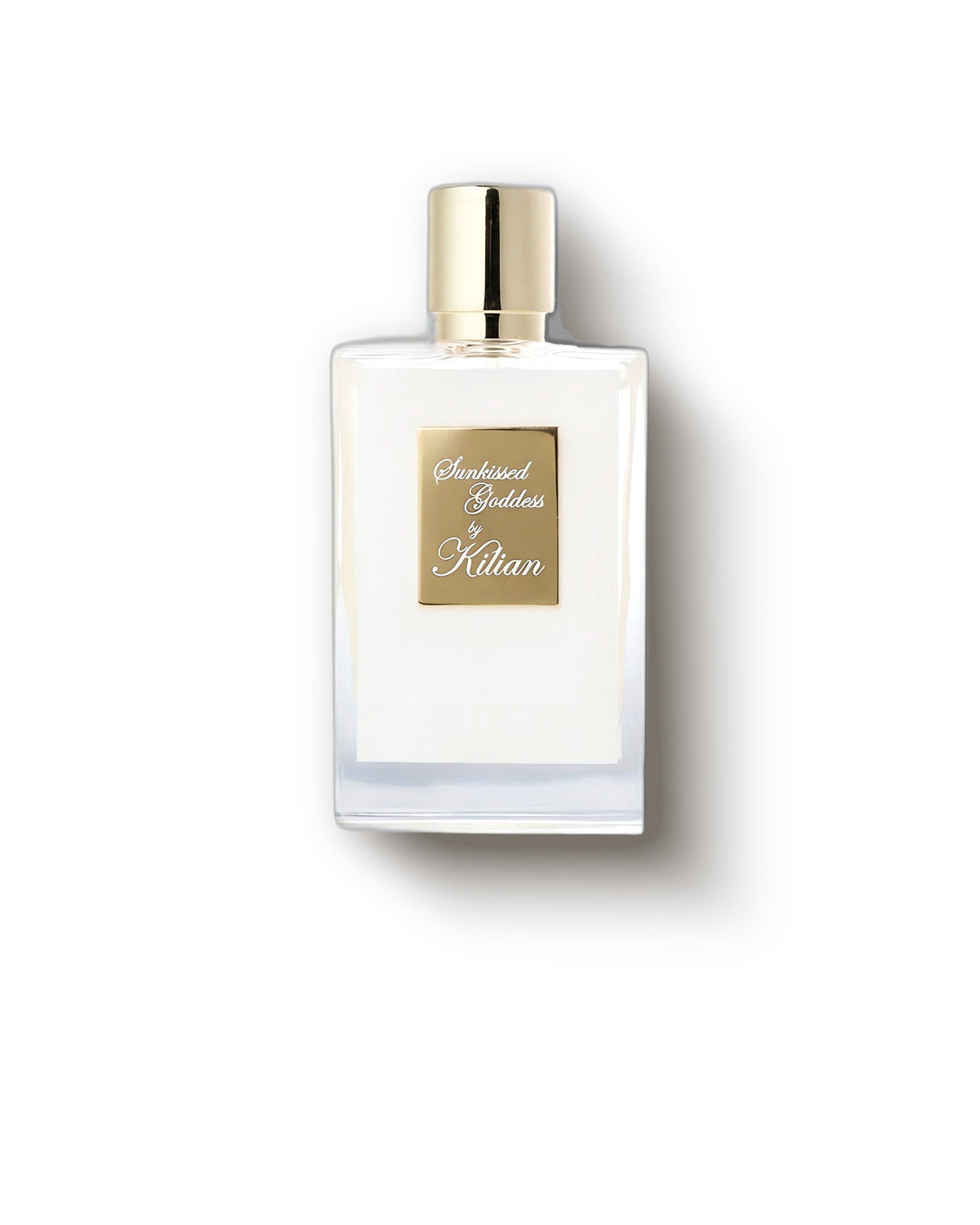 Kilian Paris Sunkissed Goddess botol putih bertutup emas di atas krem lembut, decant parfum floral tropis