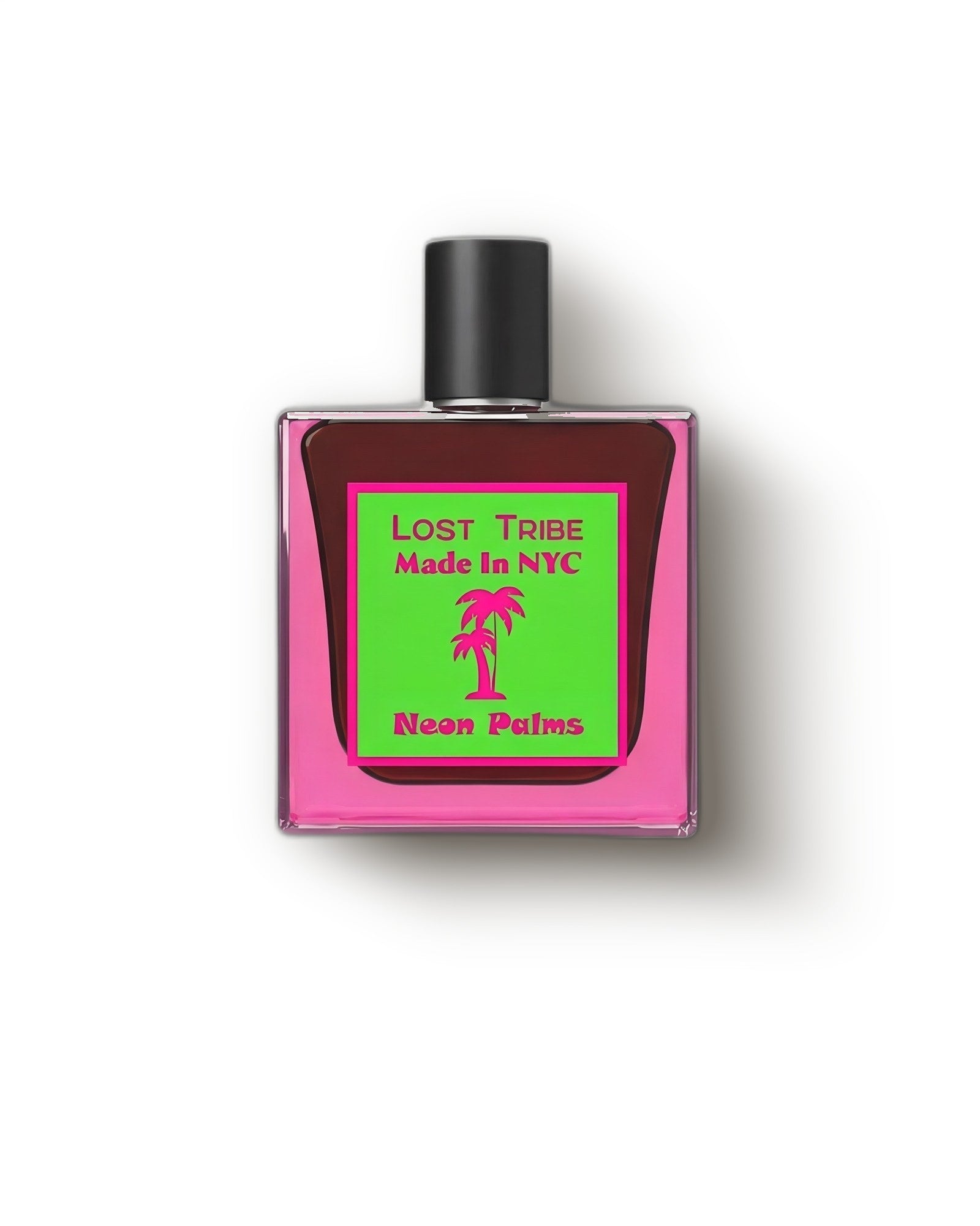 Lost Tribe Neon Palms pink glass bottle with neon palm label on cream, tropical niche perfume decant