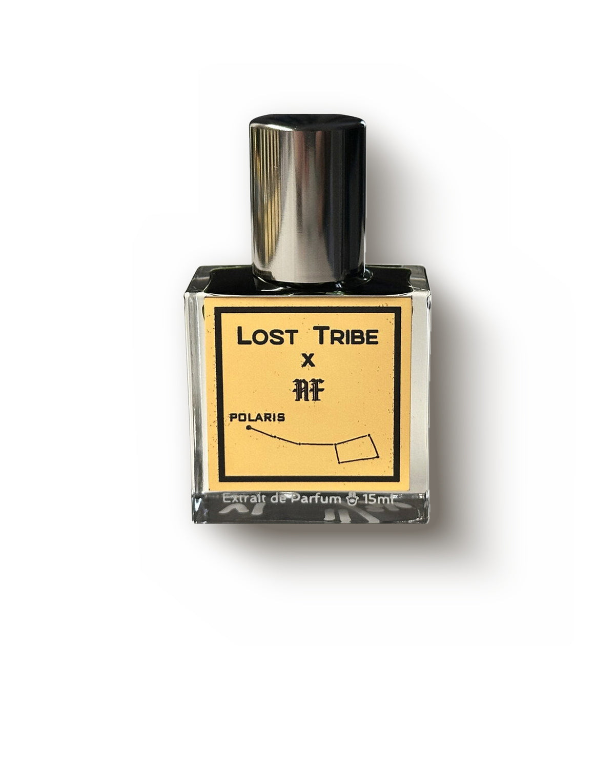 Lost Tribe Polaris, a clear square 15 ml flacon of dark juice under a brushed silver cap, cream label with the Little Dipper drawn in line