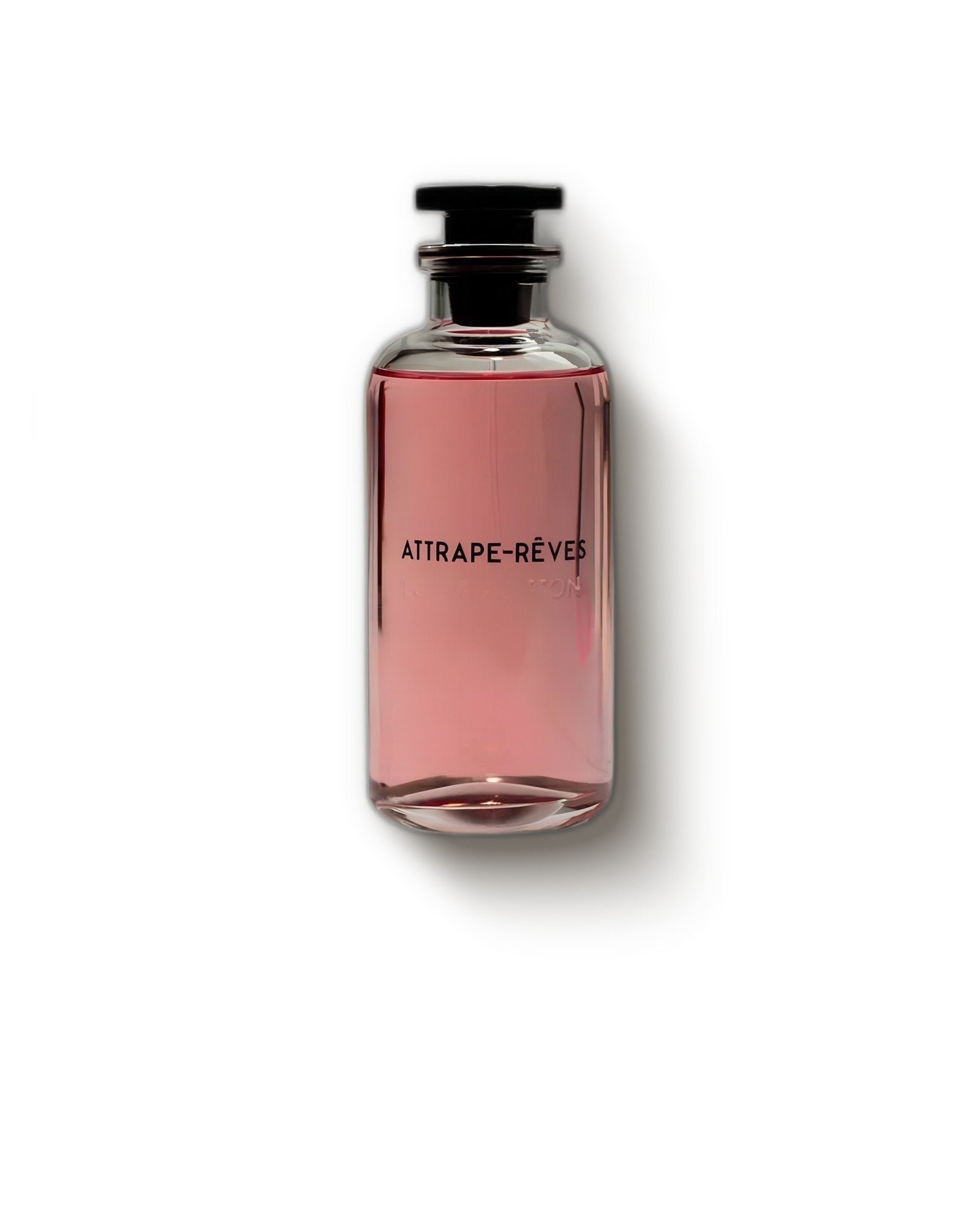 Louis Vuitton Attrape-Reves rosy pink glass bottle with black cap on a soft cream backdrop, fruity floral perfume decant