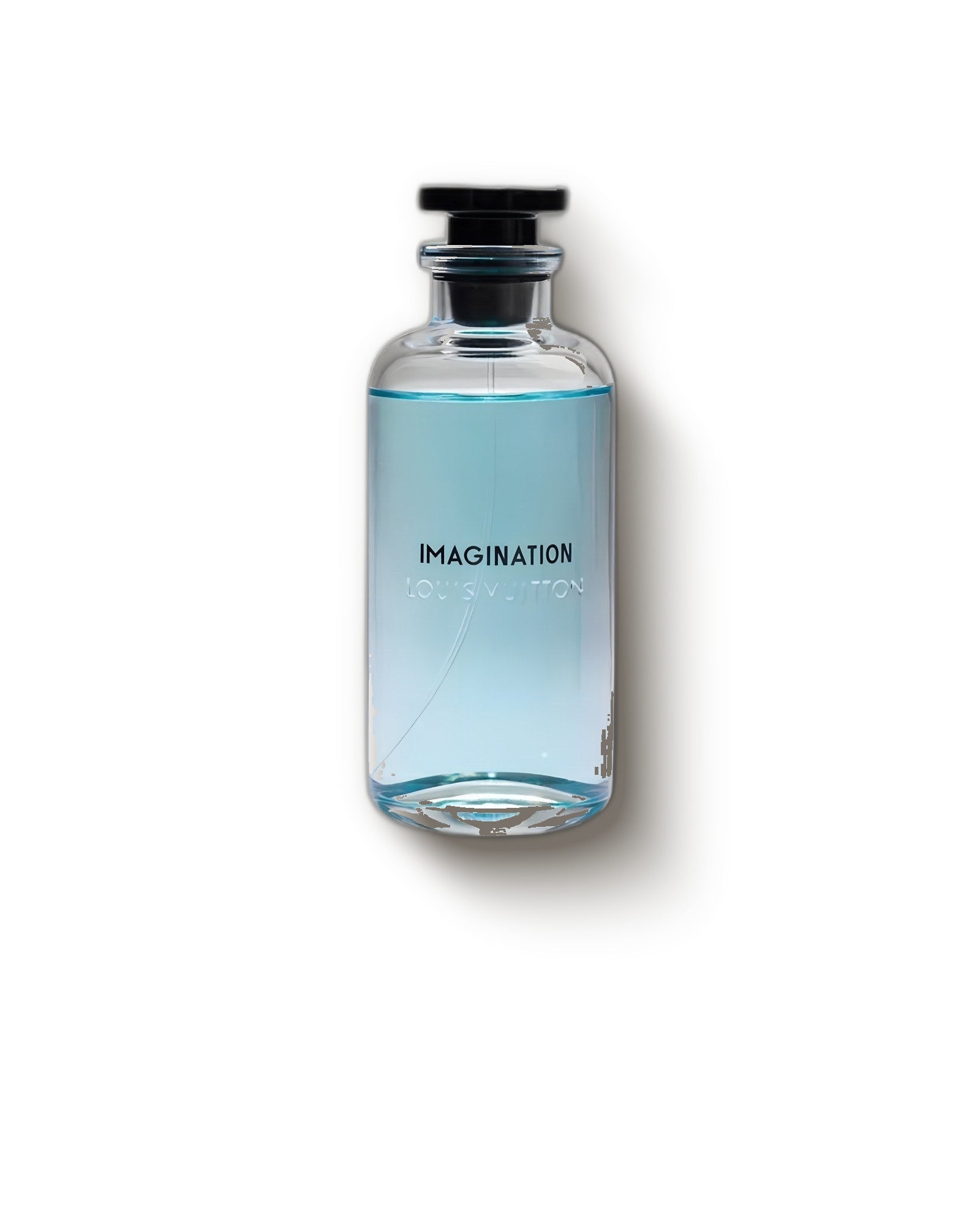 Louis Vuitton Imagination clear bottle of pale blue eau de parfum on cream, fresh citrus niche fragrance decant