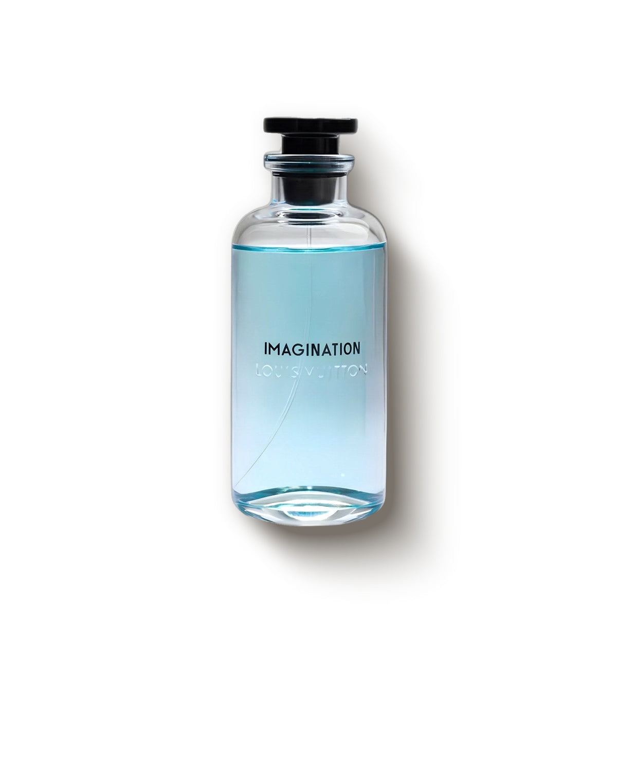 Botol bening Louis Vuitton Imagination berisi eau de parfum biru pucat di latar krem, decant parfum niche jeruk segar
