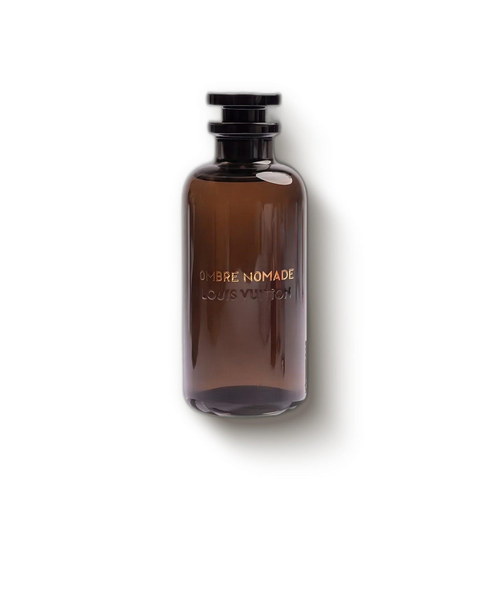 Louis Vuitton Ombre Nomade amber bottle with gold lettering on soft grey, smoky oud eau de parfum decant
