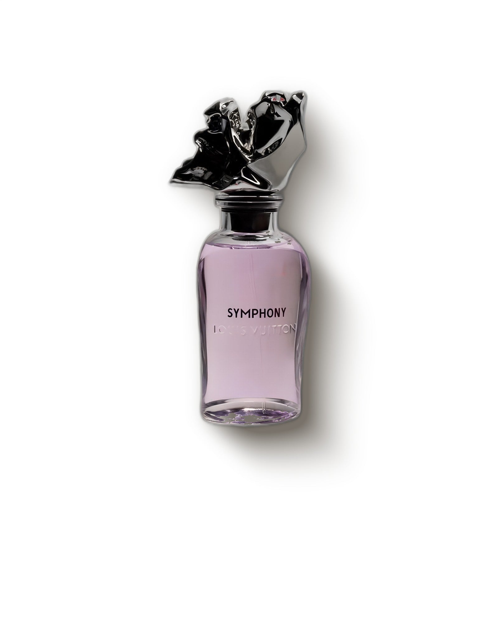 Louis Vuitton Symphony bottle with sculptural silver cap on cream backdrop, citrus extrait de parfum decant