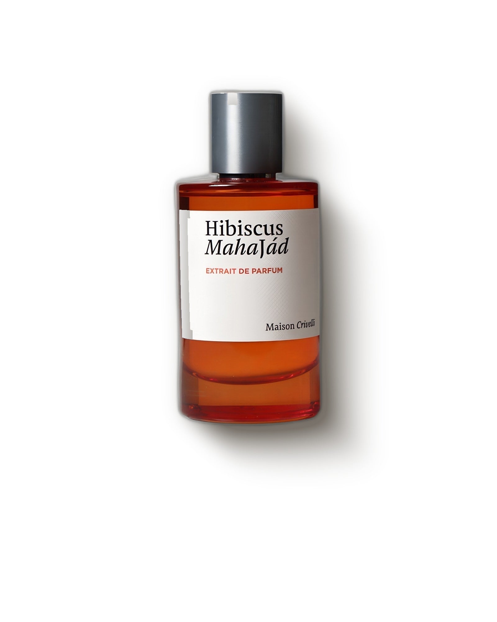 Maison Crivelli Hibiscus Mahajad amber glass bottle on soft cream studio backdrop, tropical floral niche perfume decant