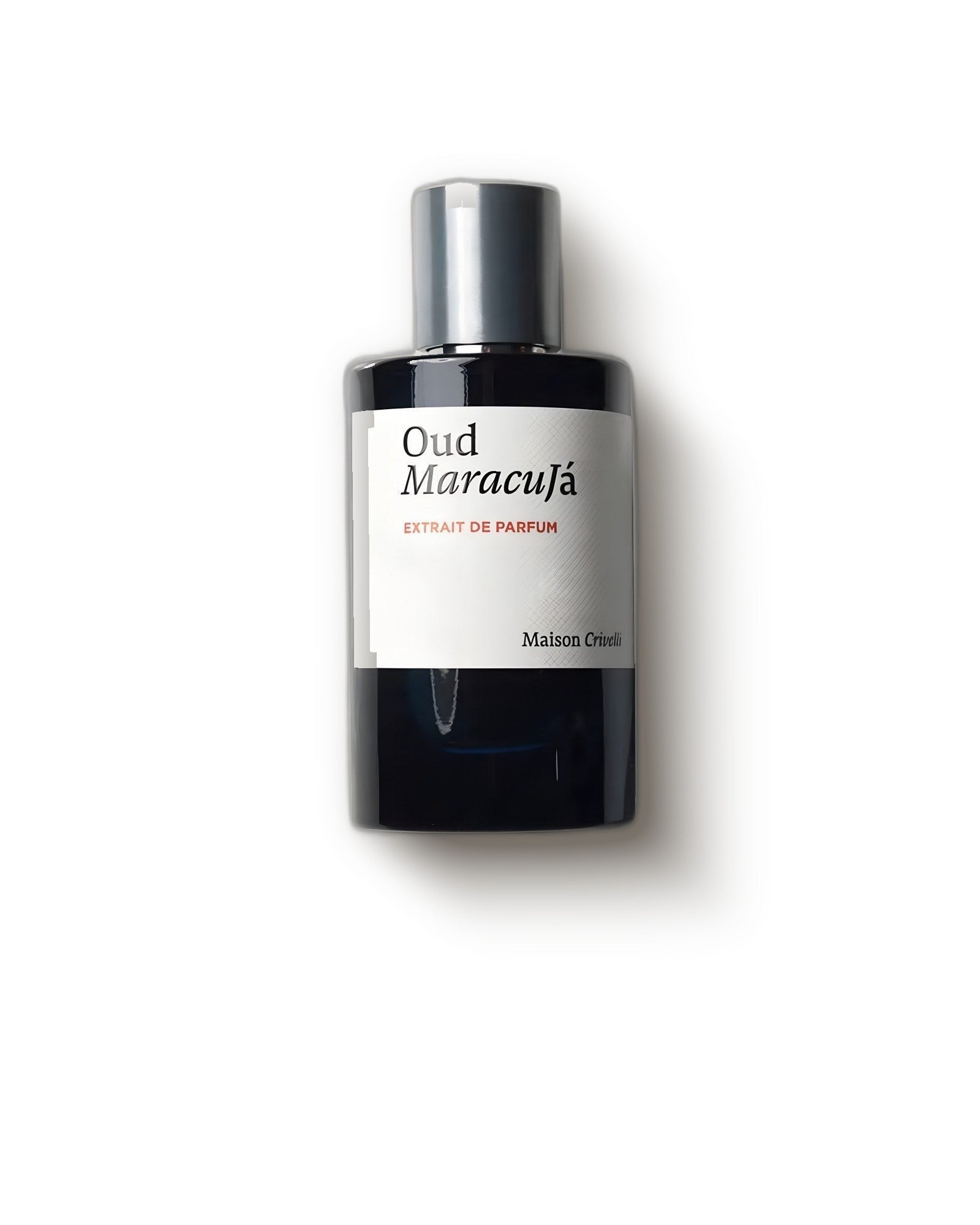Maison Crivelli Oud Maracuja dark glossy bottle with silver cap on cream, fruity oud extrait de parfum decant