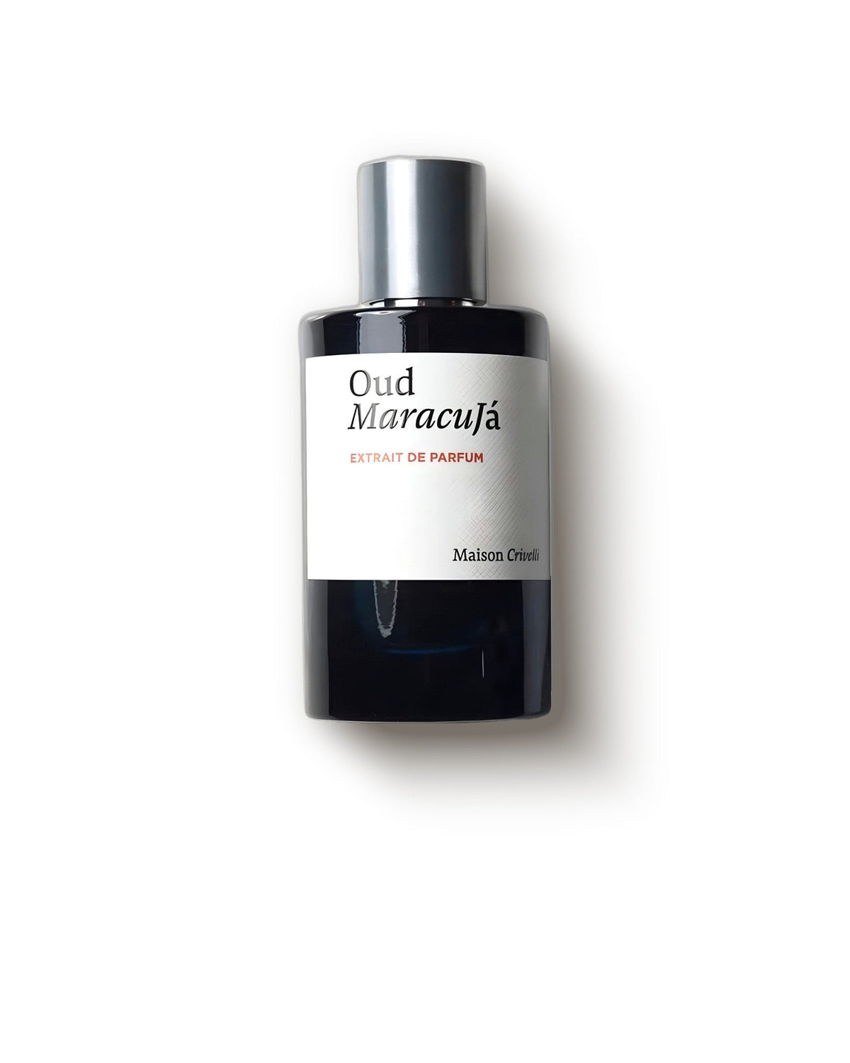Maison Crivelli Oud Maracuja dark glossy bottle with silver cap on cream, fruity oud extrait de parfum decant