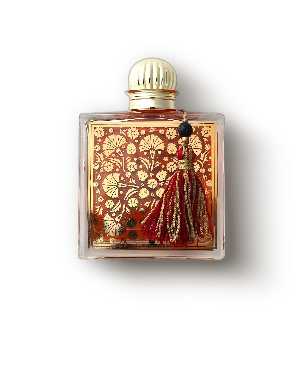 Botol MDCI Chypre Palatin berisi cairan amber dengan label bunga emas dan rumbai merah di atas abu pucat, decant eau de parfum chypre