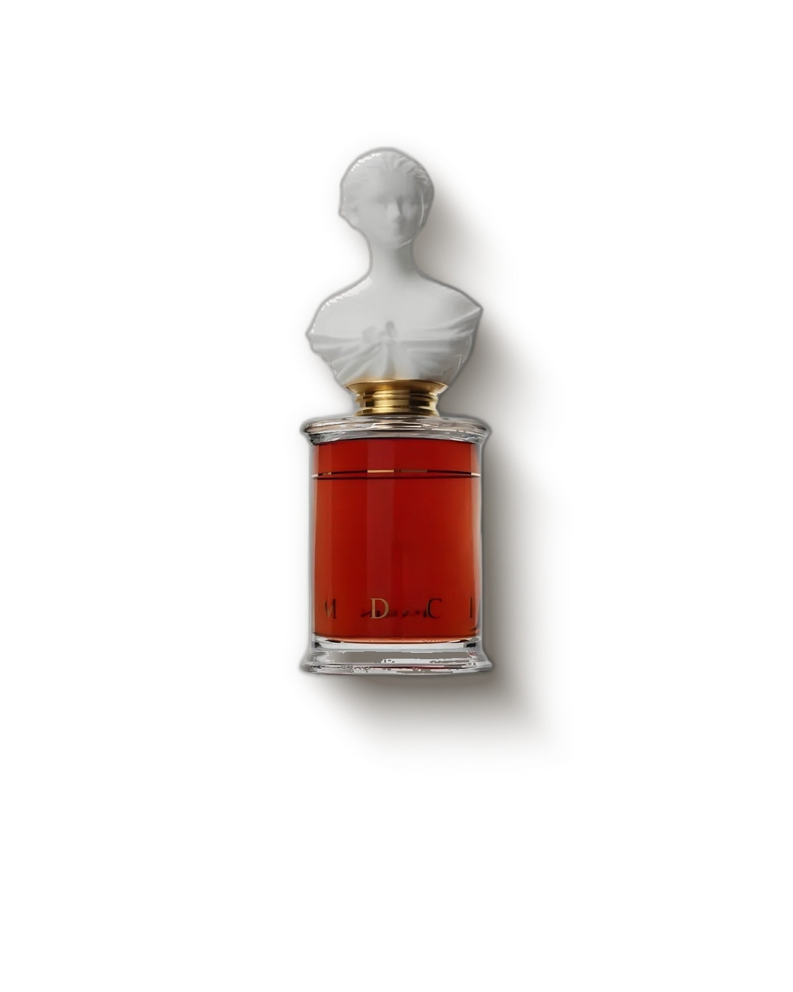 MDCI Enlevement au Serail bottle with frosted female bust cap and amber juice, white-floral niche perfume decant