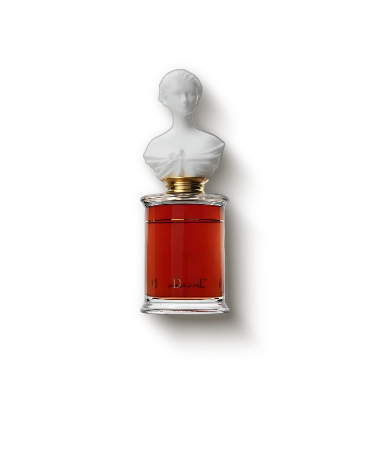 Botol MDCI Enlevement au Serail dengan tutup patung wanita buram dan cairan amber, decant parfum niche floral putih
