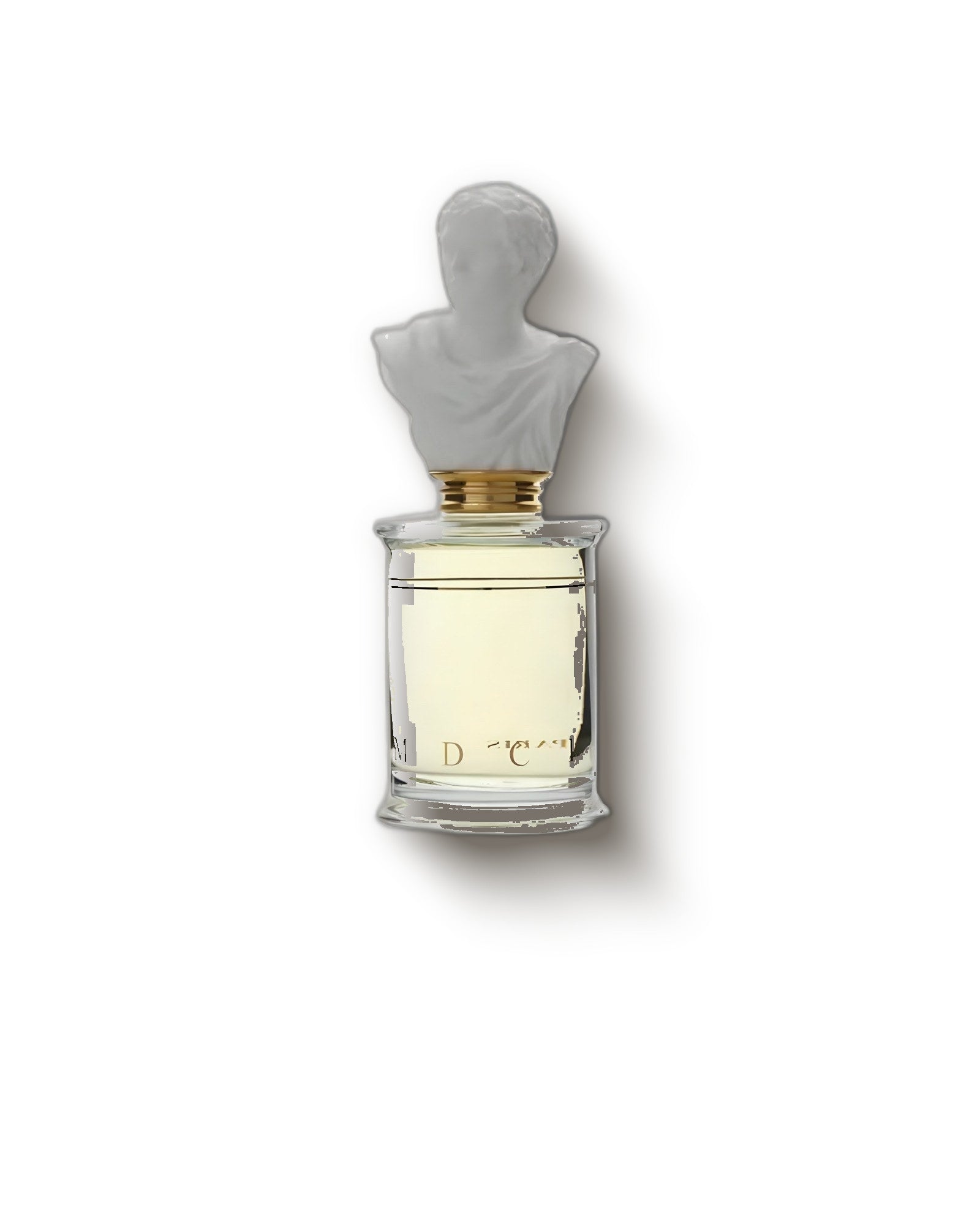 MDCI Invasion Barbare bottle with white bust cap and gold collar on pale grey, aromatic fougère niche perfume decant