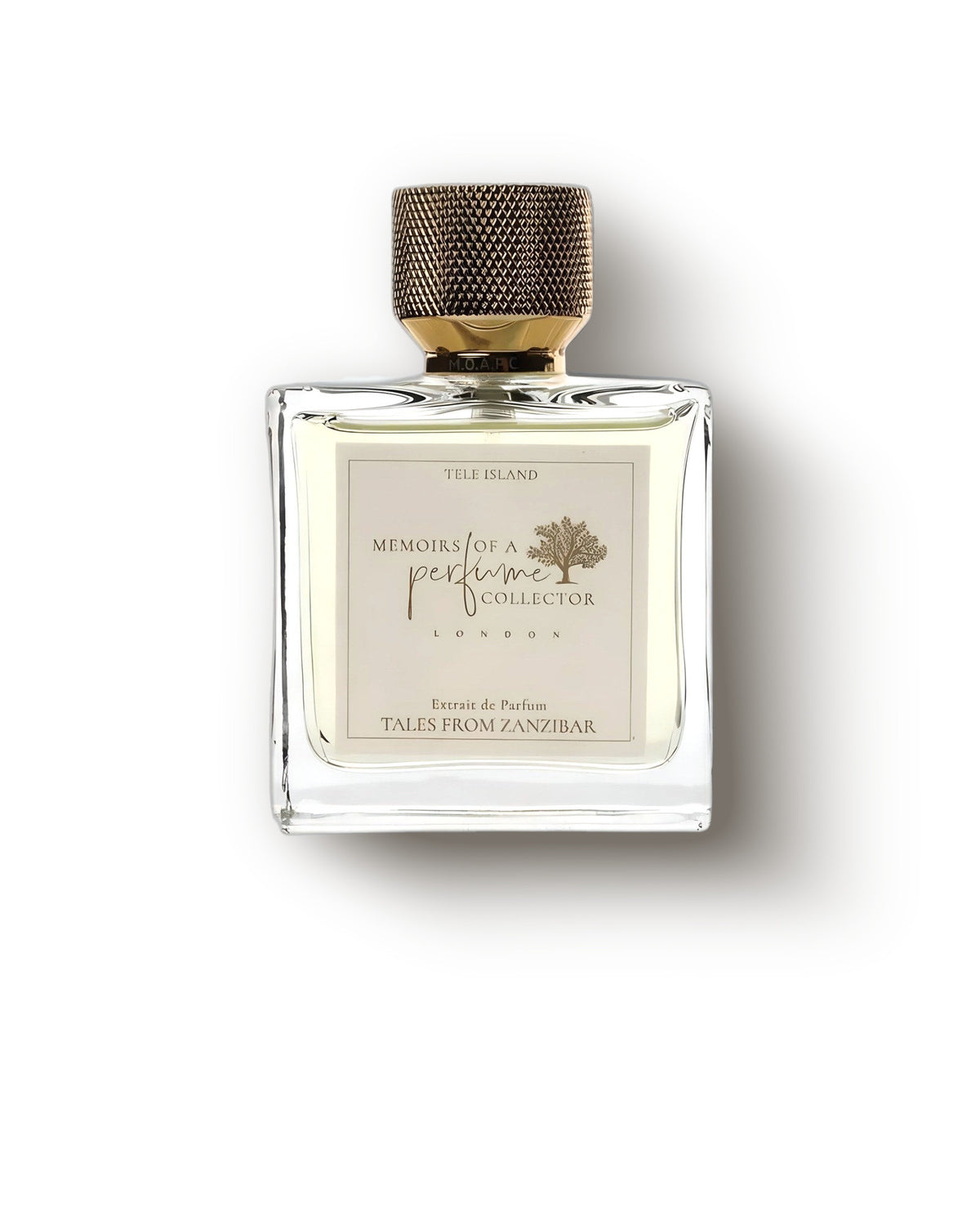 Botol Memoirs of a Perfume Collector Tales from Zanzibar di atas krem lembut, decant extrait de parfum buah tropis