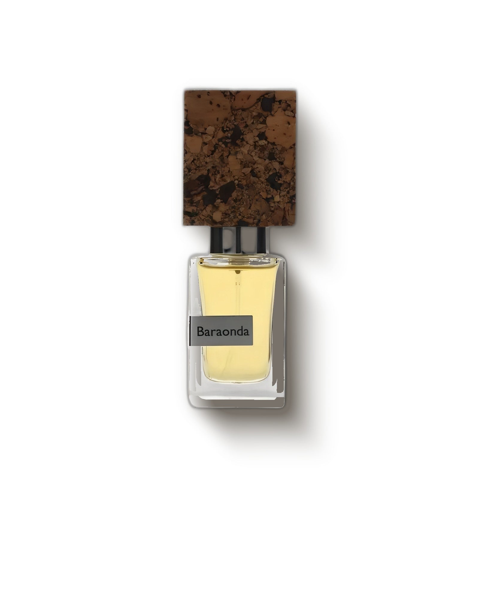 Nasomatto Baraonda clear bottle of golden extrait with cork cap on a soft cream backdrop, amber woody niche perfume decant