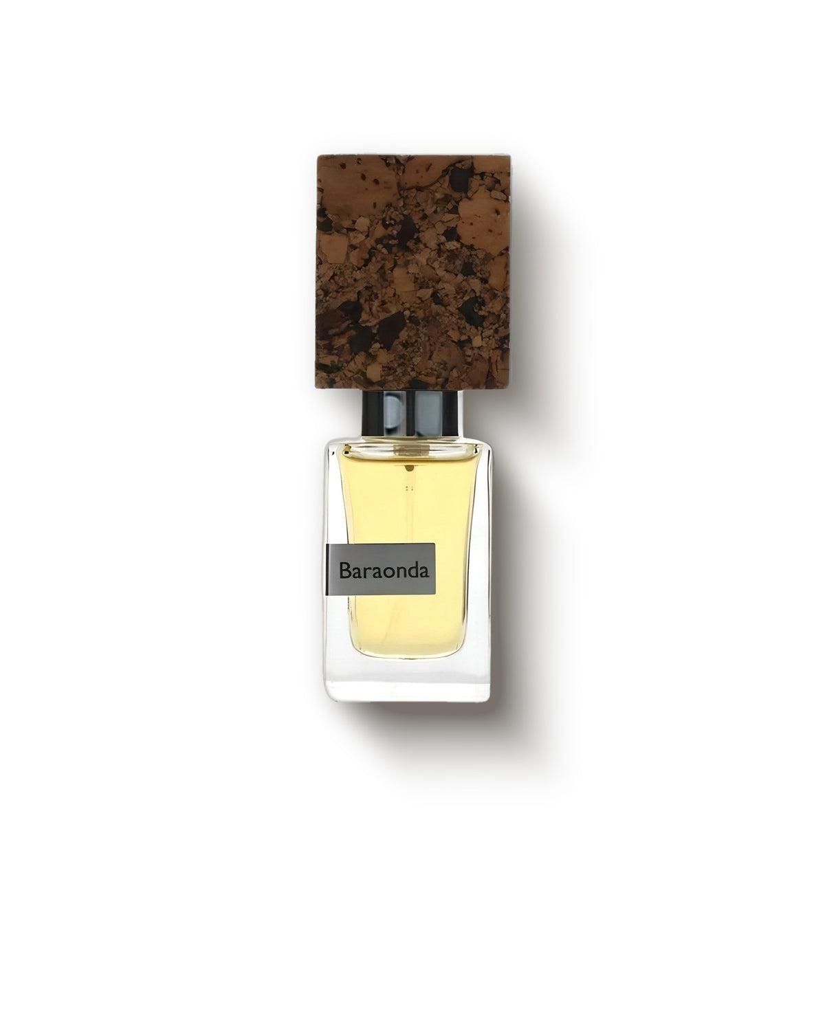 Nasomatto Baraonda clear bottle of golden extrait with cork cap on a soft cream backdrop, amber woody niche perfume decant