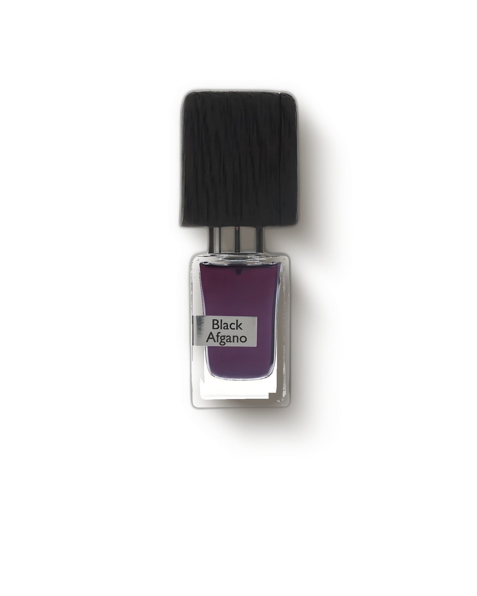 Nasomatto Black Afgano bottle with dark wood cap and plum juice on a soft grey backdrop, smoky oud extrait de parfum