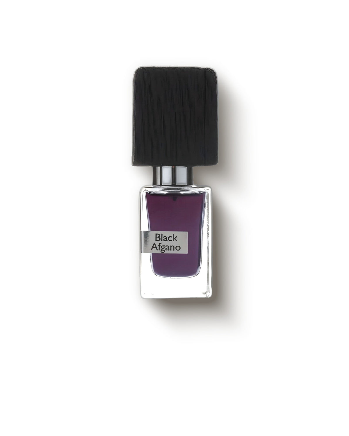 다크우드 캡과 자두빛 향수가 담긴 Nasomatto Black Afgano 보틀, 부드러운 회색 배경의 스모키 우드 엑스트레 드 파르푱