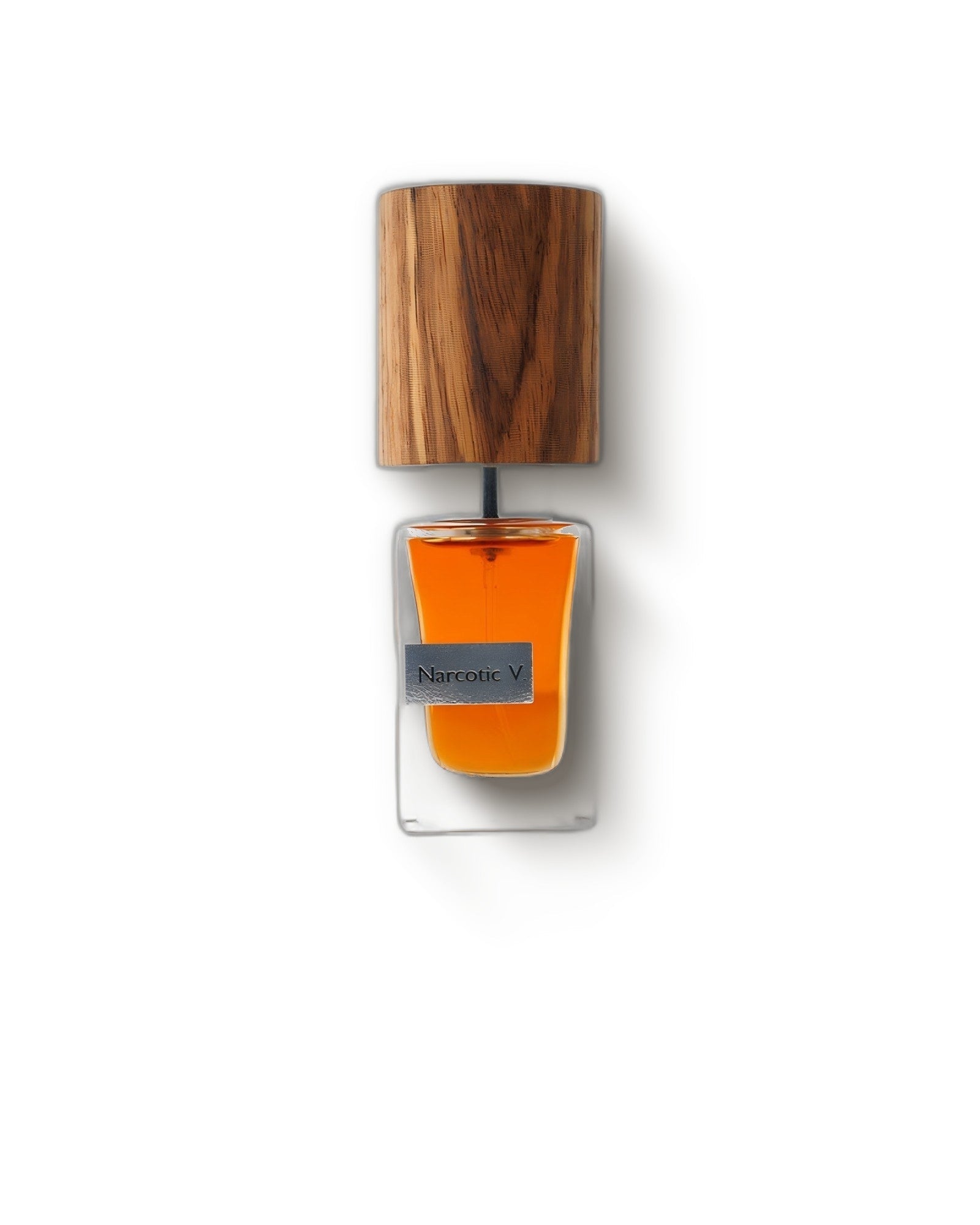 Nasomatto Narcotic V bottle with wood cap and amber extrait on a soft cream backdrop, white floral perfume decant