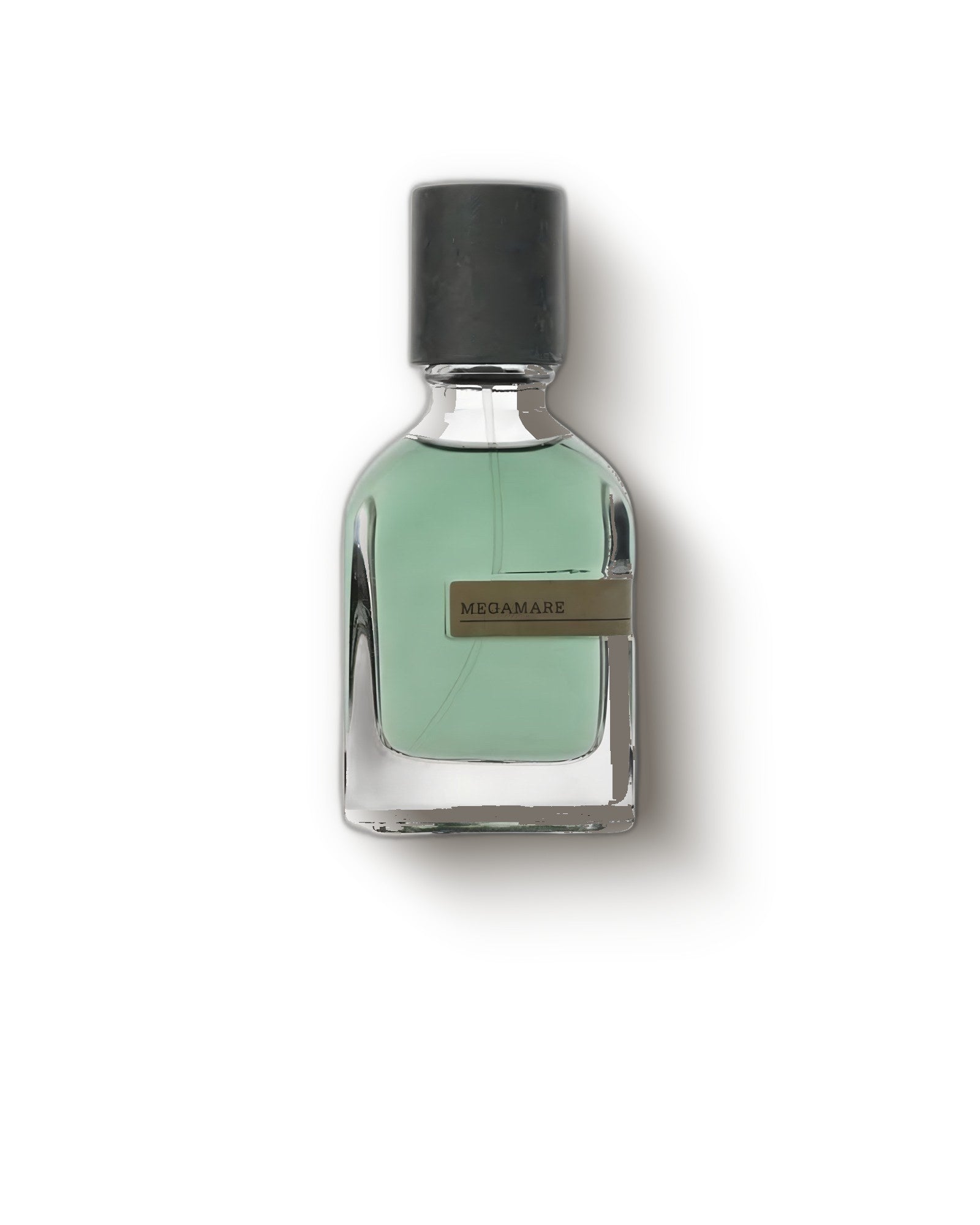 Orto Parisi Megamare bottle of green extrait de parfum on a soft cream backdrop, aquatic niche perfume decant