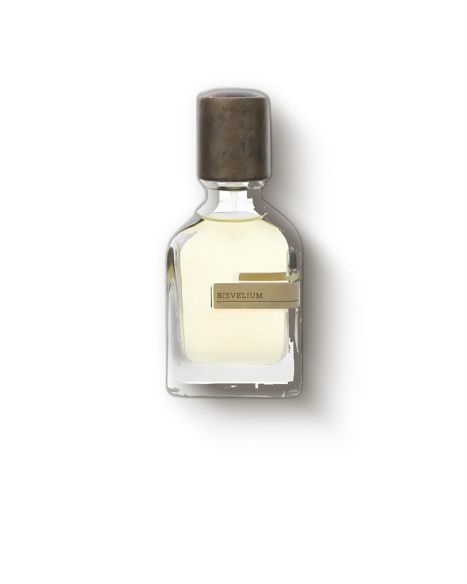 Orto Parisi Risvelium clear flacon with bronze cap on pale grey, citrus extrait de parfum decant
