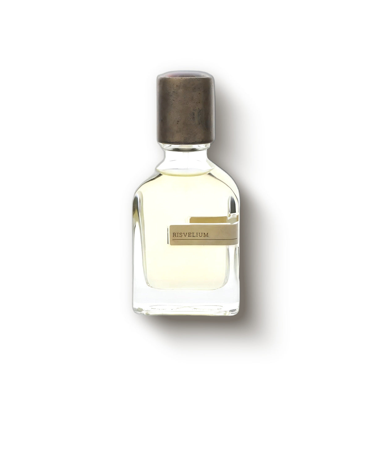 Botol bening Orto Parisi Risvelium dengan tutup perunggu di abu-abu pucat, decant extrait de parfum jeruk