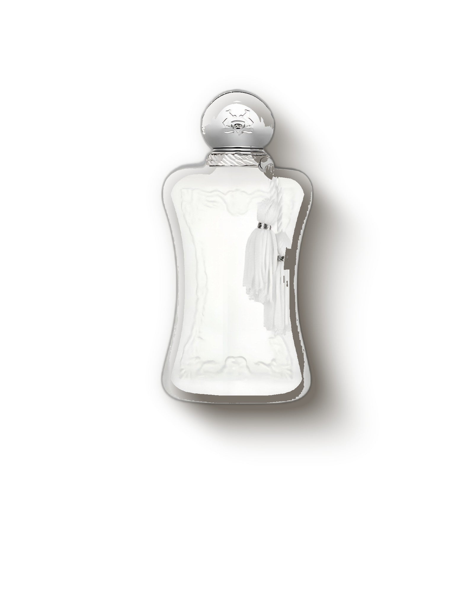 Parfums de Marly Valaya pearl-white bottle with silver crest cap and tassel, floral rose niche perfume decant