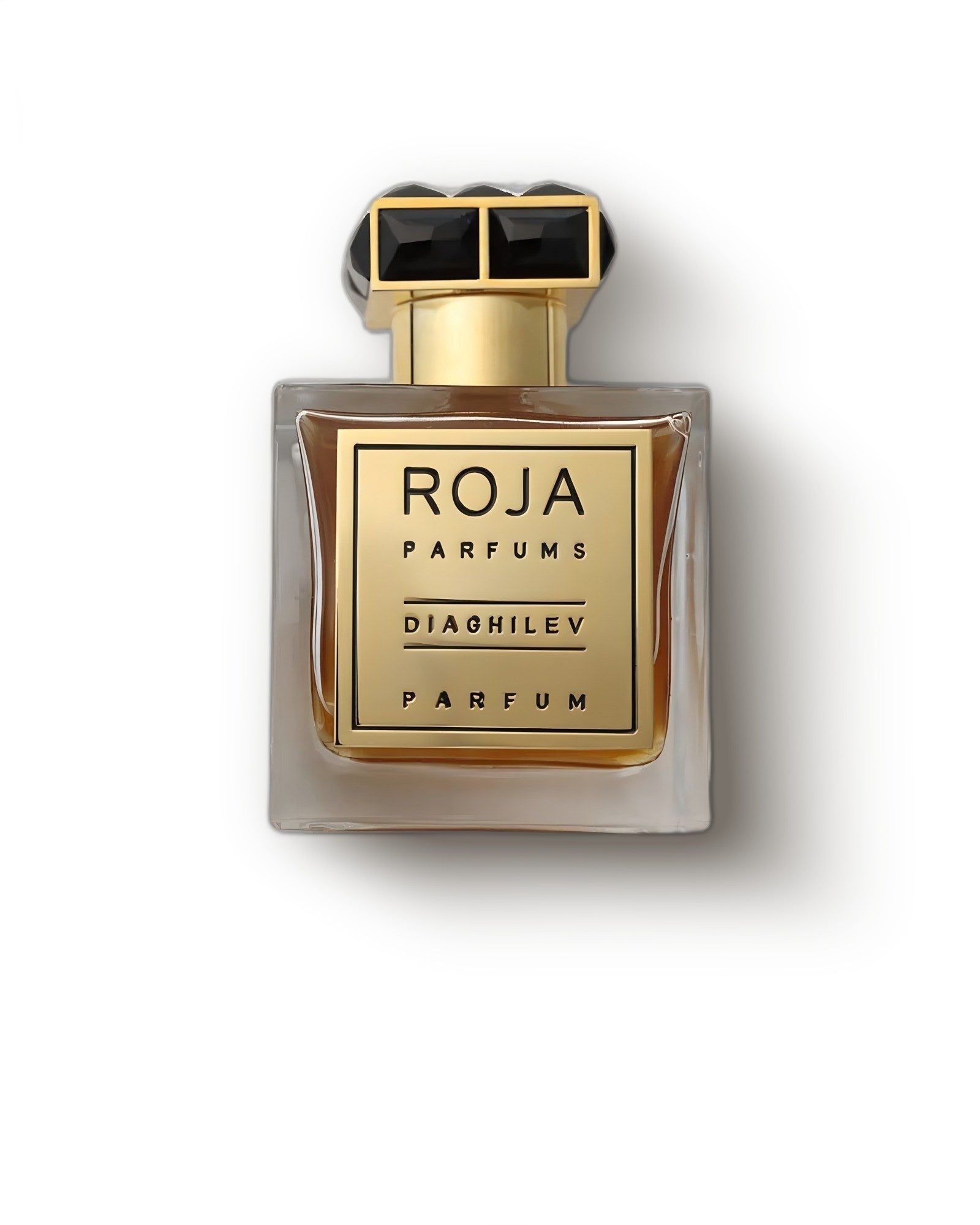Roja Dove Diaghilev amber bottle with gold label and jeweled black cap on cream, chypre extrait de parfum decant