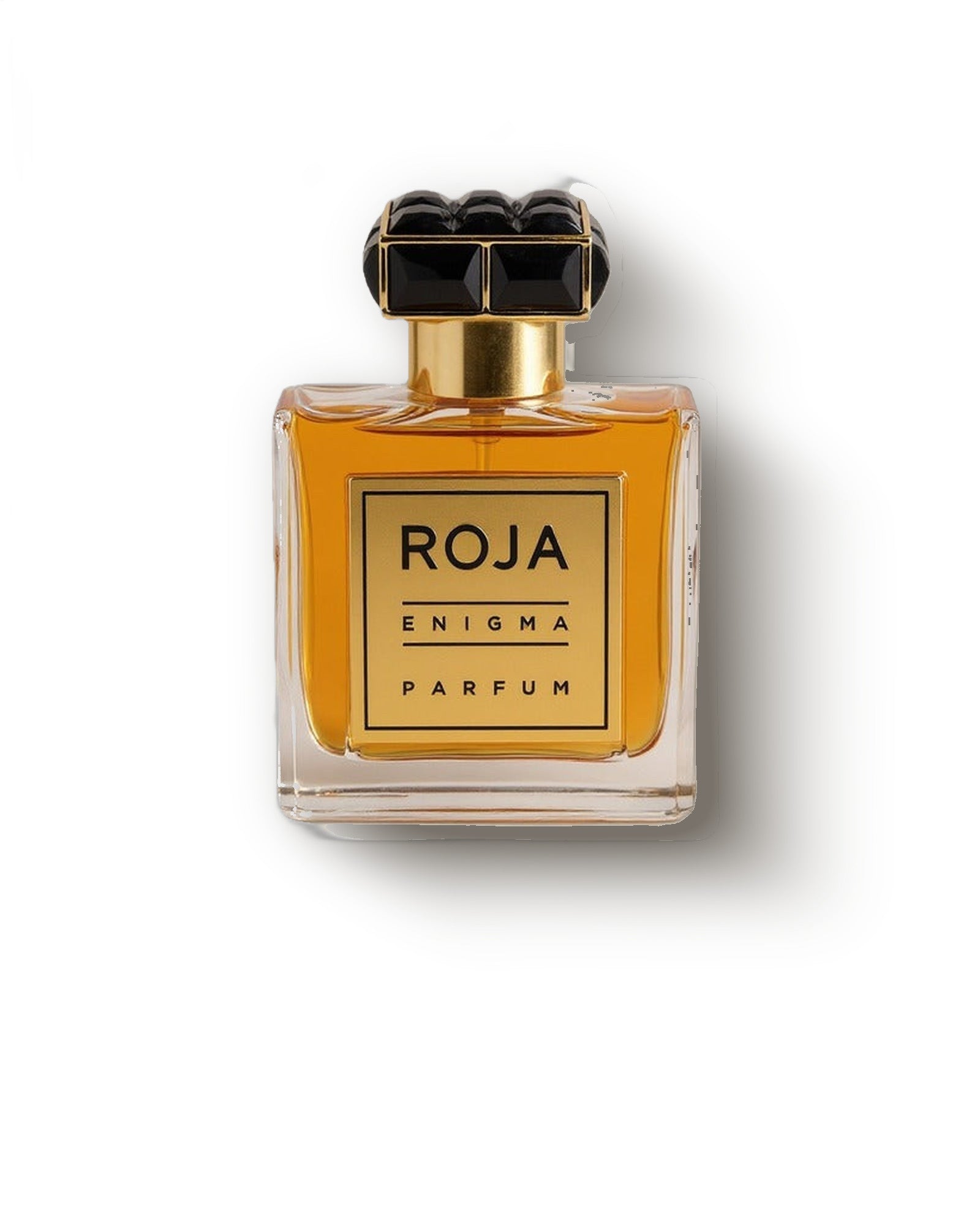 Roja Enigma amber glass bottle with faceted black cap and gold label, boozy amber extrait de parfum decant