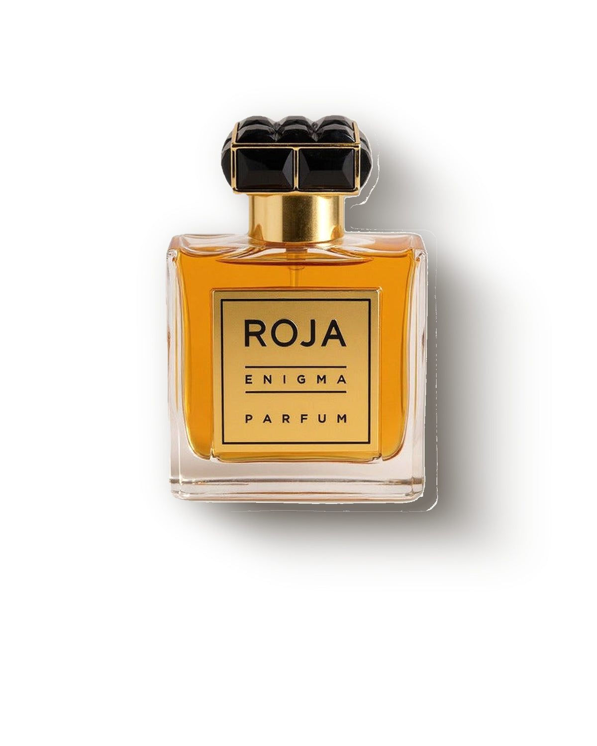 Botol kaca amber Roja Enigma dengan tutup hitam berfaset dan label emas, decant extrait de parfum amber yang boozy