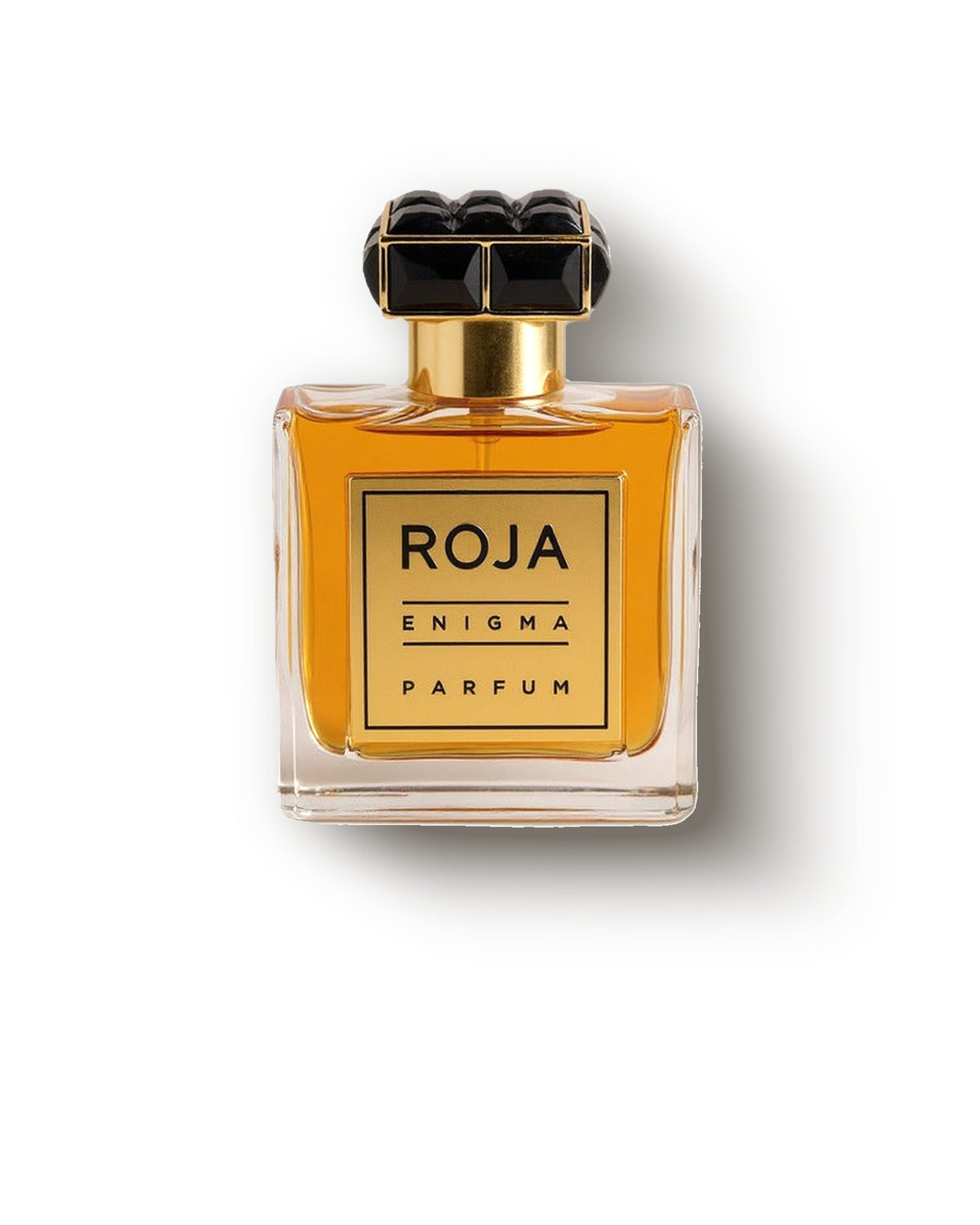 Янтарный стеклянный флакон Roja Enigma с гранёной чёрной крышкой и золотой этикеткой, ликёрно-янтарный декант extrait de parfum